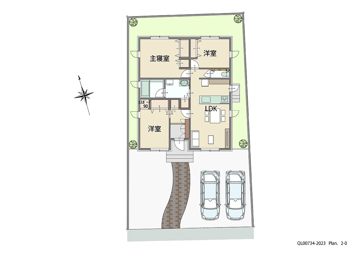 楽園の森ひととのやヴィレッジ 土地 区画番号No.33-23 「コンパクトでも充実！平屋ならでは、です。」 <br>建物タイプ:ｉ－ｃｕｂｅⅢ/延床面積:81.3㎡(24.59坪) <br>建物本体価格(参考):2,117万円(税込み)<br>