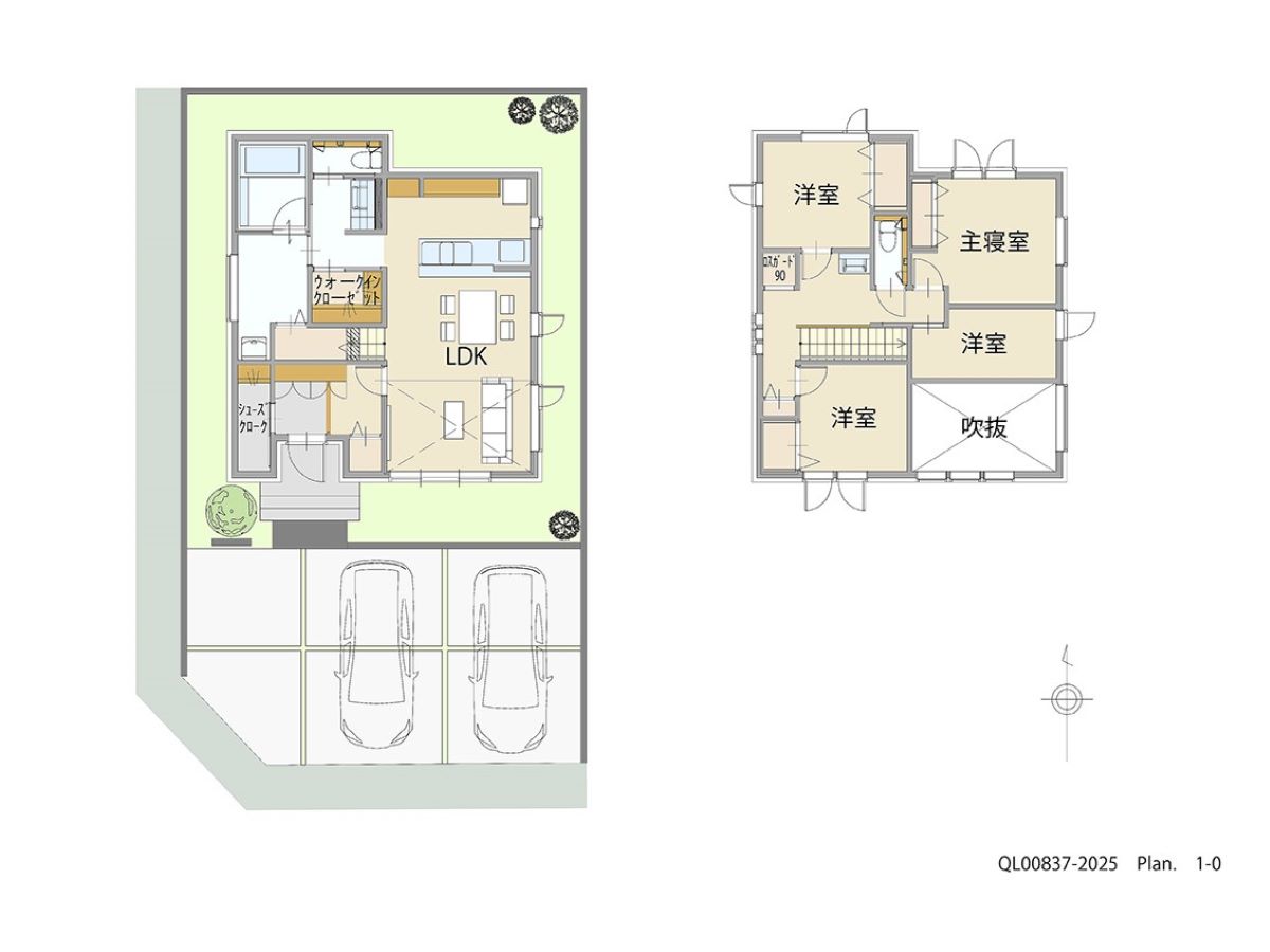 イイコトテラス富塚町 土地 区画番号No.87 「南面のリビング吹抜けで明るいLDKプラン」 <br>建物タイプ:グラン・スマート/延床面積:104.15㎡(31.49坪) <br>建物本体価格(参考):2,706万円(税込み)<br>