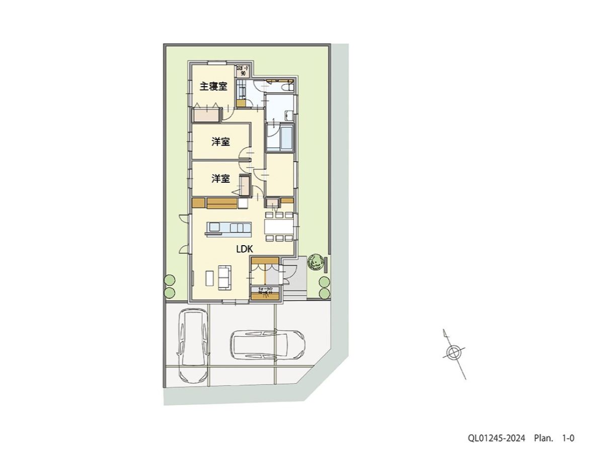 イイコトテラス津屋崎 土地 区画番号No.6 「コンパクトでも収納充実！平屋ならではの満足プラン」 <br>建物タイプ:グラン・スマート/延床面積:88.84㎡(26.87坪) <br>建物本体価格(参考):2,426万円(税込み)<br>