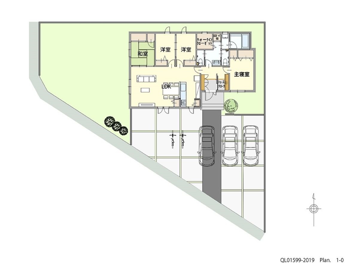 一条リンクスヴィラ西郷  土地 区画番号No.F-1 「広々20帖のLDKにさらに和室も採用したゆったりプラン」 <br>建物タイプ:i-smileⅡ+/延床面積:101.31㎡(30.64坪) <br>建物本体価格(参考):2,241万円(税込み)<br>