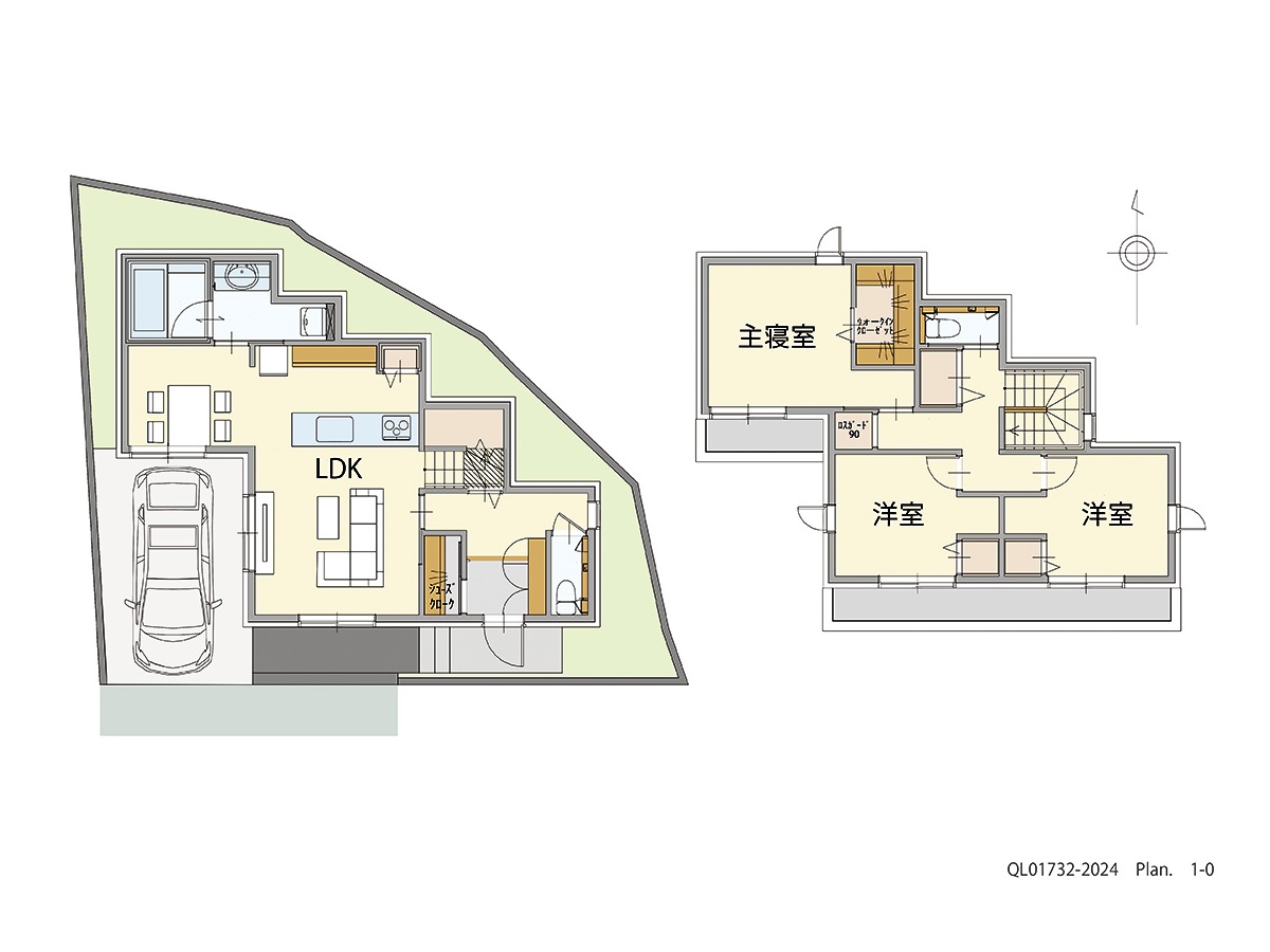 イイコトテラス堺・菱木 土地 区画番号No.2期‐7 「家族を近くに感じるL字型のLDKプラン」 <br>建物タイプ:ｉ－ｓｍａｒｔⅡ/延床面積:94.92㎡(28.71坪) <br>建物本体価格(参考):2,398万円(税込み)<br>