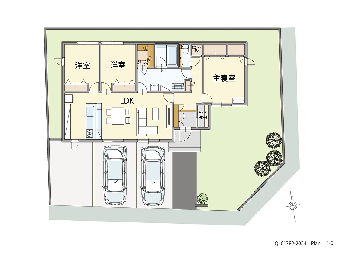 イイコトテラス都賀家中 土地 区画番号No.1 「LDKが家の中心！動線すっきりプラン」 <br>建物タイプ:ｉ－ｓｍｉｌｅⅡ+/延床面積:90.5㎡(27.37坪) <br>建物本体価格(参考):2,117万円(税込み)<br>
