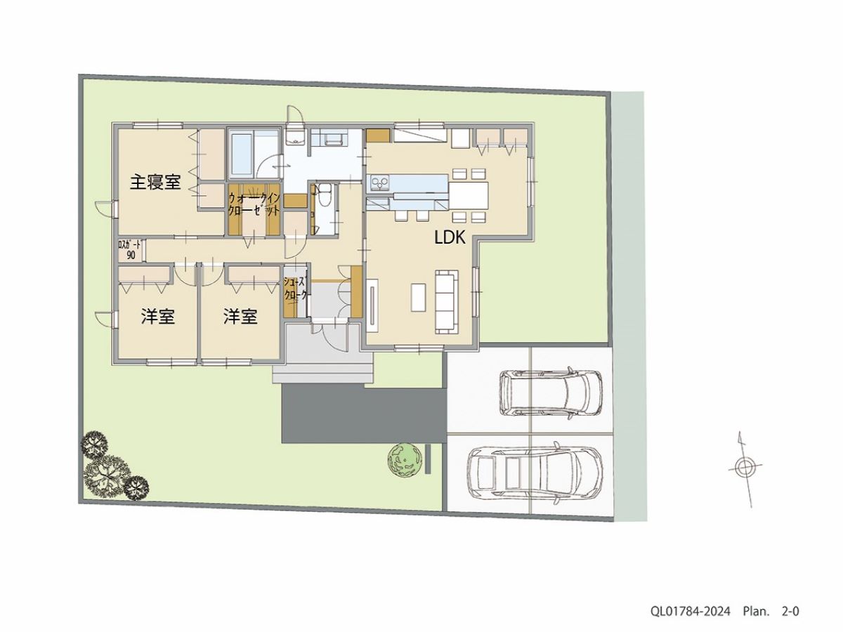 イイコトテラス都賀家中 土地 区画番号No.3 「コンパクトでも収納充実！平屋ならではの満足プラン」 <br>建物タイプ:ｉ－ｓｍｉｌｅⅢ＋/延床面積:93.88㎡(28.39坪) <br>建物本体価格(参考):2,182万円(税込み)<br>