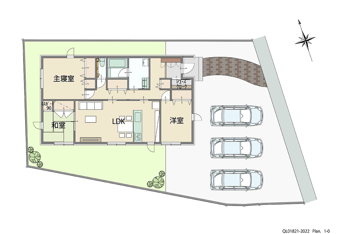 イイコトテラス田尻 土地 区画番号No.２ 「人気の平屋プラン！」 <br>建物タイプ:ｉ－ｓｍｉｌｅⅡ/延床面積:92.11㎡(27.86坪) <br>建物本体価格(参考):2,087万円(税込み)<br>