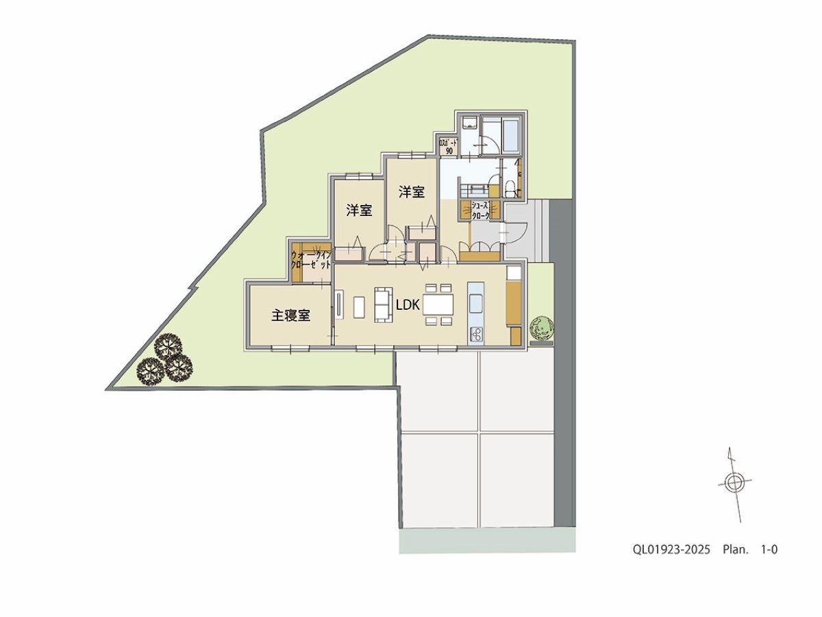 スマートタウン長行西 土地 区画番号No.7 「明るいLDKと平屋の快適性重視プラン」 <br>建物タイプ:グラン・スマート/延床面積:82.73㎡(25.02坪) <br>建物本体価格(参考):2,340万円(税込み)<br>