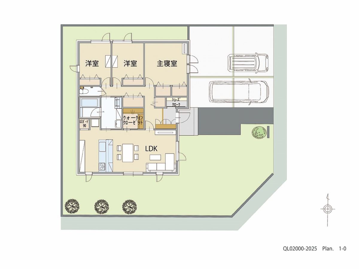 ニュータウン笑ノ口後 土地 区画番号No.34 「平屋生活」 <br>建物タイプ:HUGme fam W (寒冷地ﾓﾃﾞﾙ)/延床面積:95.42㎡(28.86坪) <br>建物本体価格(参考):1,952万円(税込み)<br>