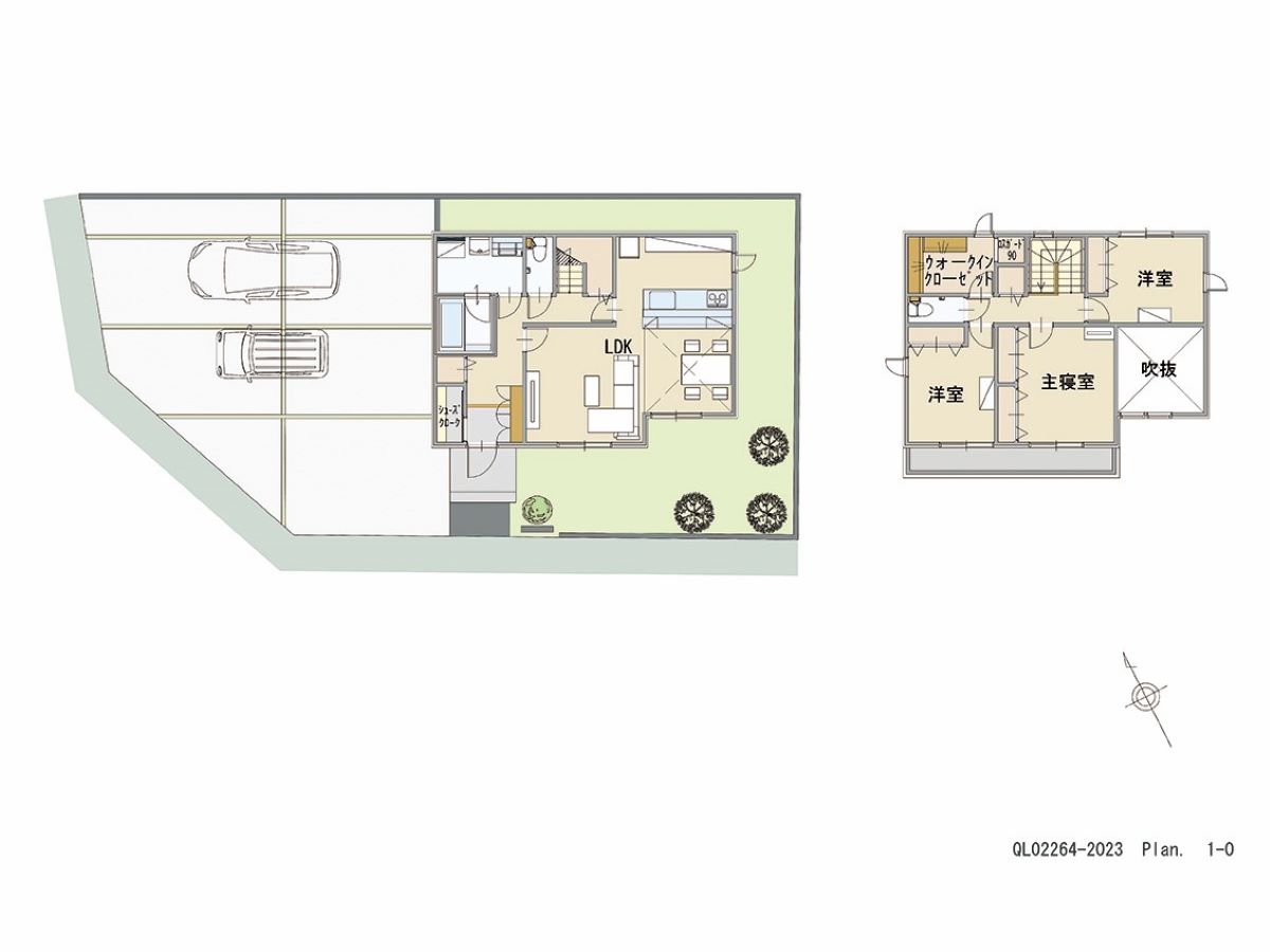 イイコトテラス小山市中久喜２期 土地 区画番号No.1 「ダイニングの吹抜けで日差しが降り注ぐ明るく開放感のある家」 <br>建物タイプ:HUGme/延床面積:103.5㎡(31.3坪) <br>建物本体価格(参考):1,916万円(税込み)<br>