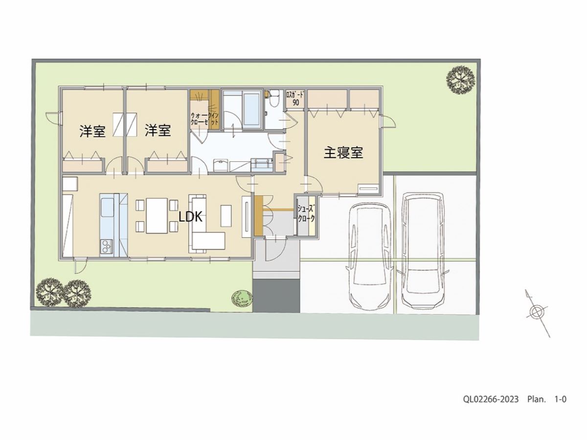 イイコトテラス小山市中久喜２期 土地 区画番号No.3 「キッチンから家族の様子を見守れる家」 <br>建物タイプ:HUGme/延床面積:89.43㎡(27.05坪) <br>建物本体価格(参考):1,766万円(税込み)<br>