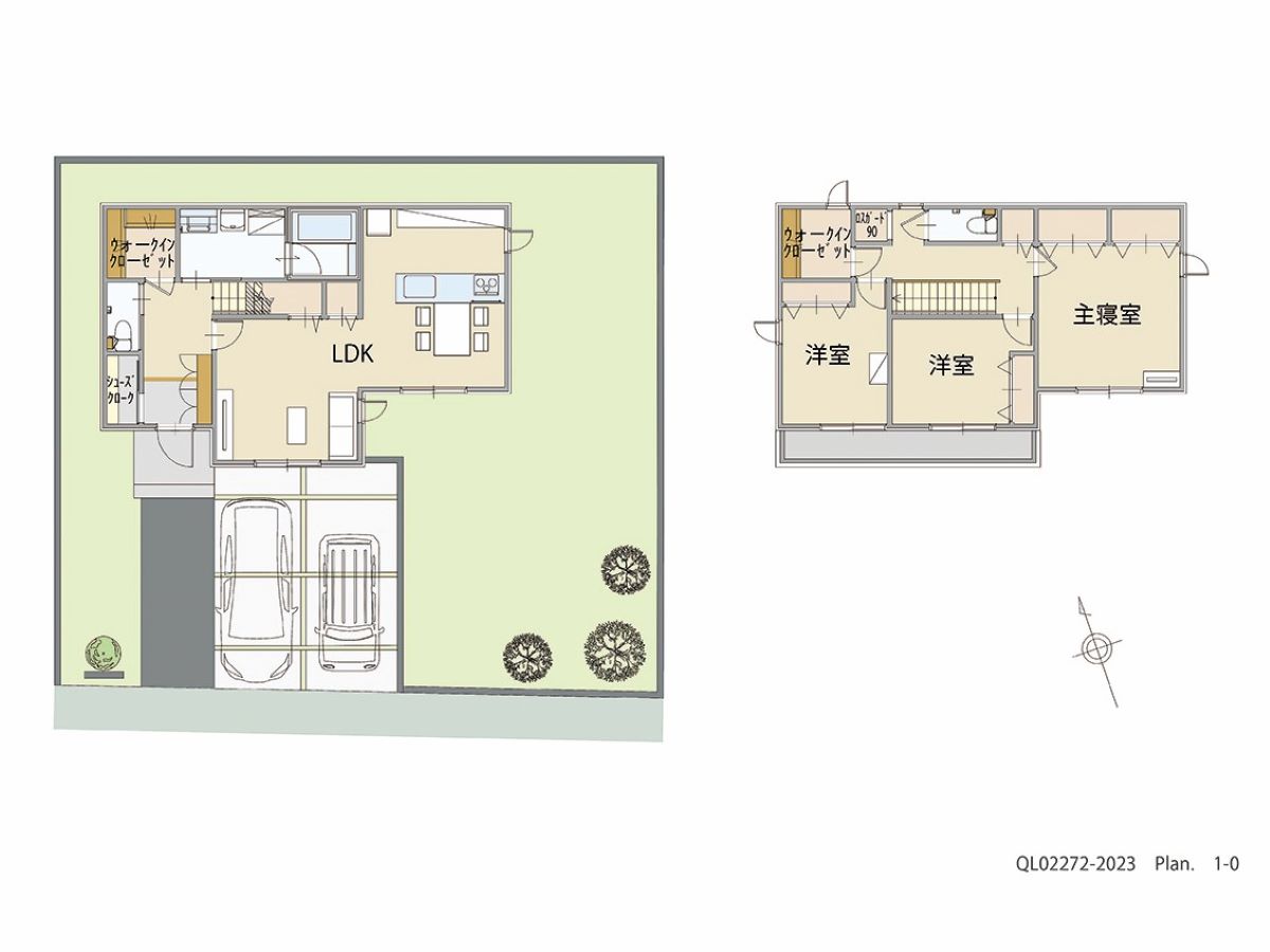 イイコトテラス小山市中久喜２期 土地 区画番号No.9 「収納充実！１・２階それぞれウォークインクローゼット採用プラン」 <br>建物タイプ:HUGme/延床面積:105.99㎡(32.06坪) <br>建物本体価格(参考):1,897万円(税込み)<br>