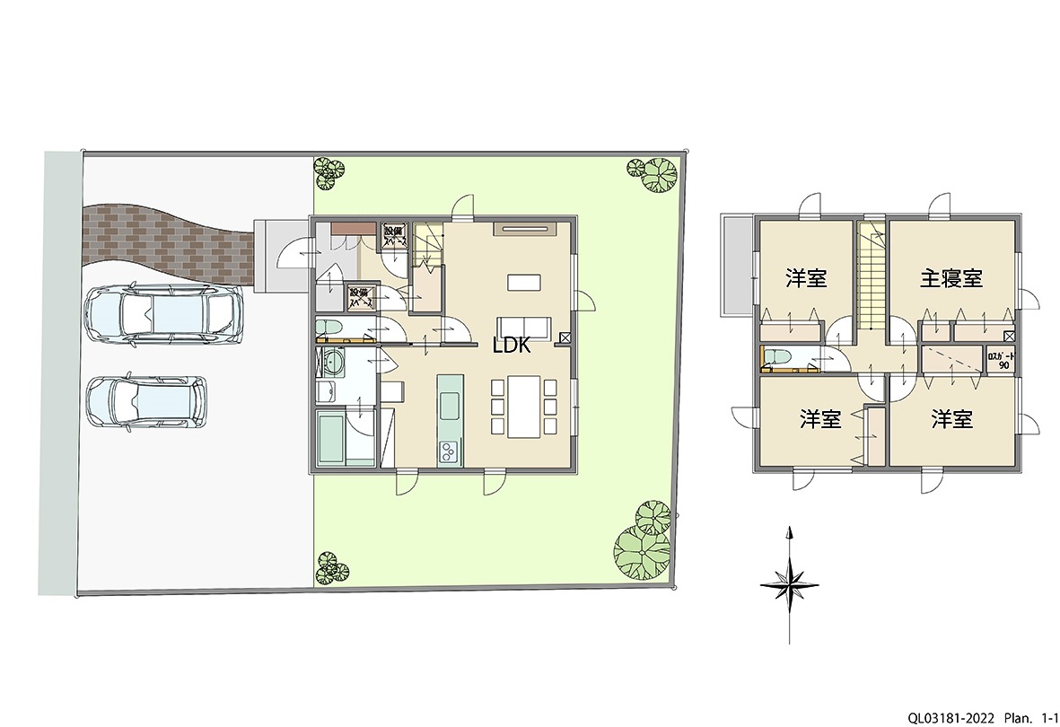 イイコトテラス舟岡 土地 区画番号No.２ 「忙しいご夫婦にピッタリ！家事らくプラン」 <br>建物タイプ:ｉ－ｓｍｉｌｅⅡ(北海道仕様)/延床面積:107.48㎡(32.5坪) <br>建物本体価格(参考):2,306万円(税込み)<br>