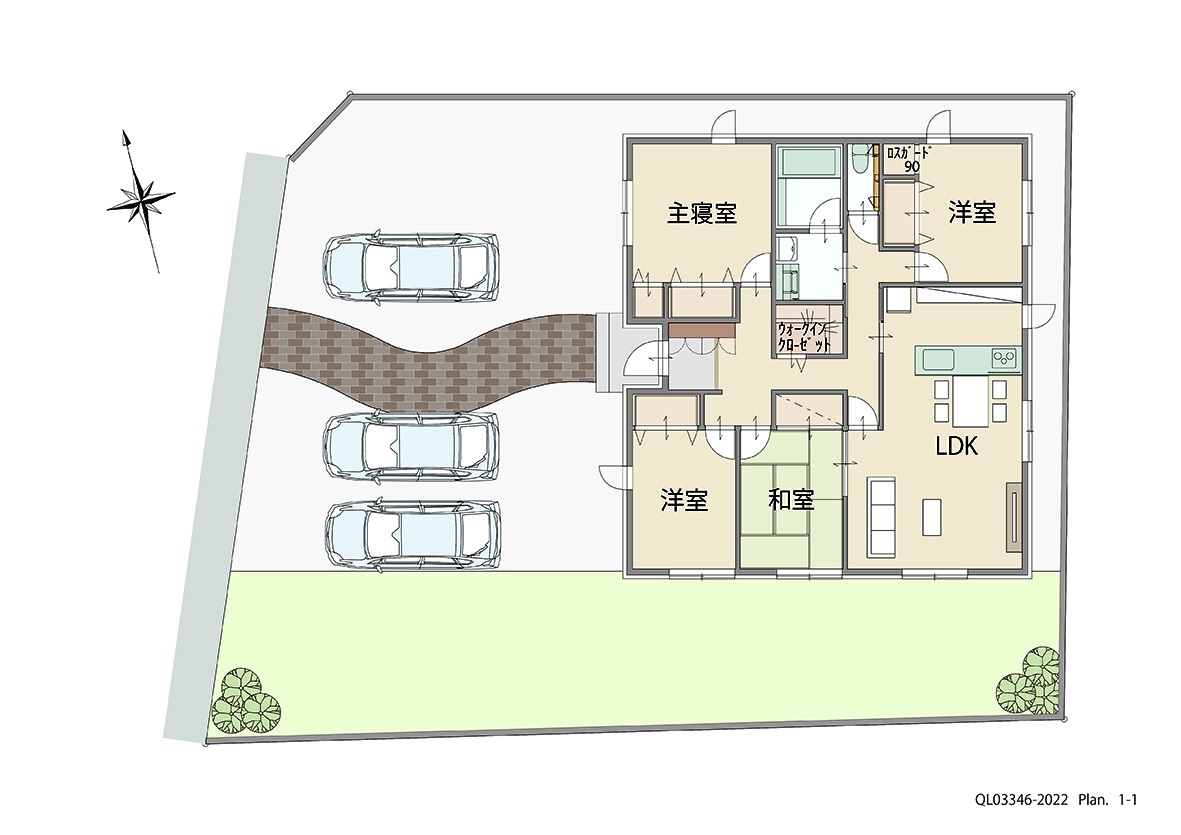 イイコトテラス都城下長飯 土地 区画番号No.２ 「動線すっきり！家事ラクプラン！ 」 <br>建物タイプ:ｉ－ｓｍｉｌｅⅡ/延床面積:108.76㎡(32.89坪) <br>建物本体価格(参考):2,402万円(税込み)<br>