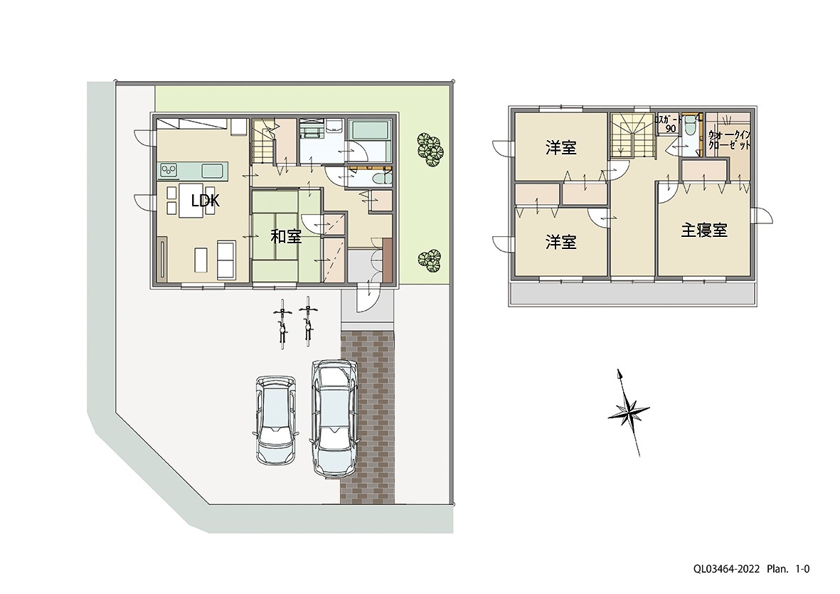 スマートタウン浜崎 土地 区画番号No.８５ 「家事らくプラン！ご夫婦の時短に一役」 <br>建物タイプ:ｉ－ｓｍｉｌｅⅡ/延床面積:117.5㎡(35.54坪) <br>建物本体価格(参考):2,378万円(税込み)<br>