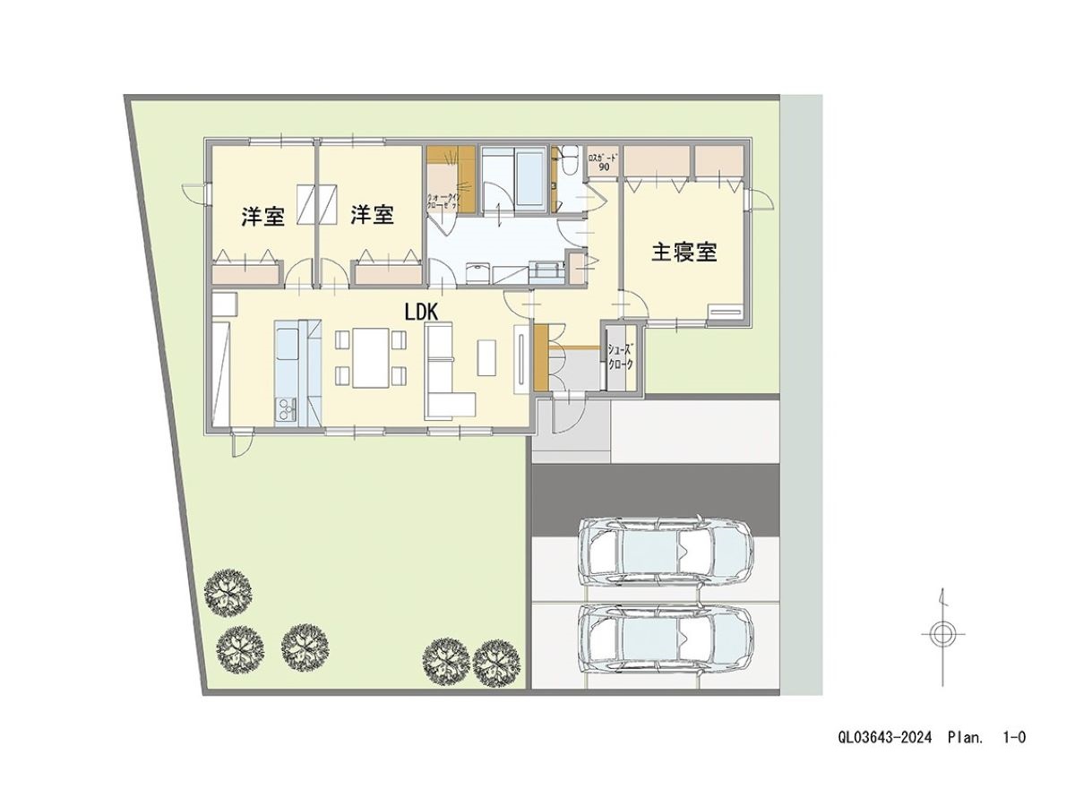 イイコトテラスあその 土地 区画番号No.P 「LDKを中心に家族が集まる家」 <br>建物タイプ:ｉ－ｓｍｉｌｅⅡ+/延床面積:90.5㎡(27.37坪) <br>建物本体価格(参考):2,126万円(税込み)<br>