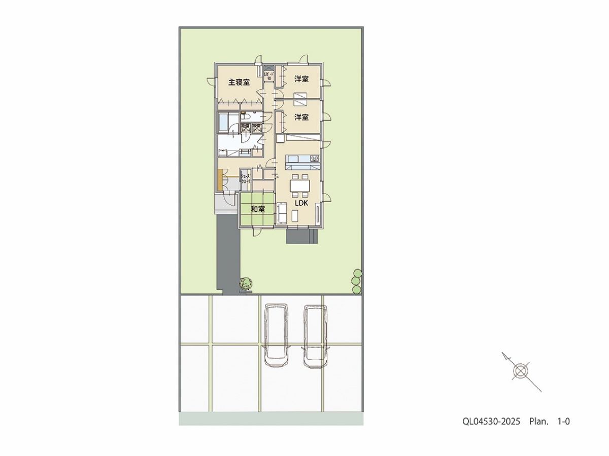 イイコトテラス鷹栖町北野 土地 区画番号No.5 「コンパクトでも充実！平屋ならでは、です」 <br>建物タイプ:HUGme fam W(北海道専用ﾓﾃﾞﾙ)/延床面積:100.44㎡(30.38坪) <br>建物本体価格(参考):2,170万円(税込み)<br>