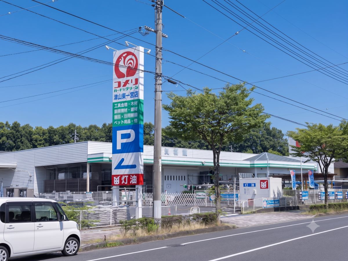 コメリハード＆グリーン　津山東一宮店まで約1.2km（徒歩15分／車で約3分～約4分）　日常の生活用品から専門的な工具まで幅広い商品を購入することができます。【営業時間】9:00～19:30
