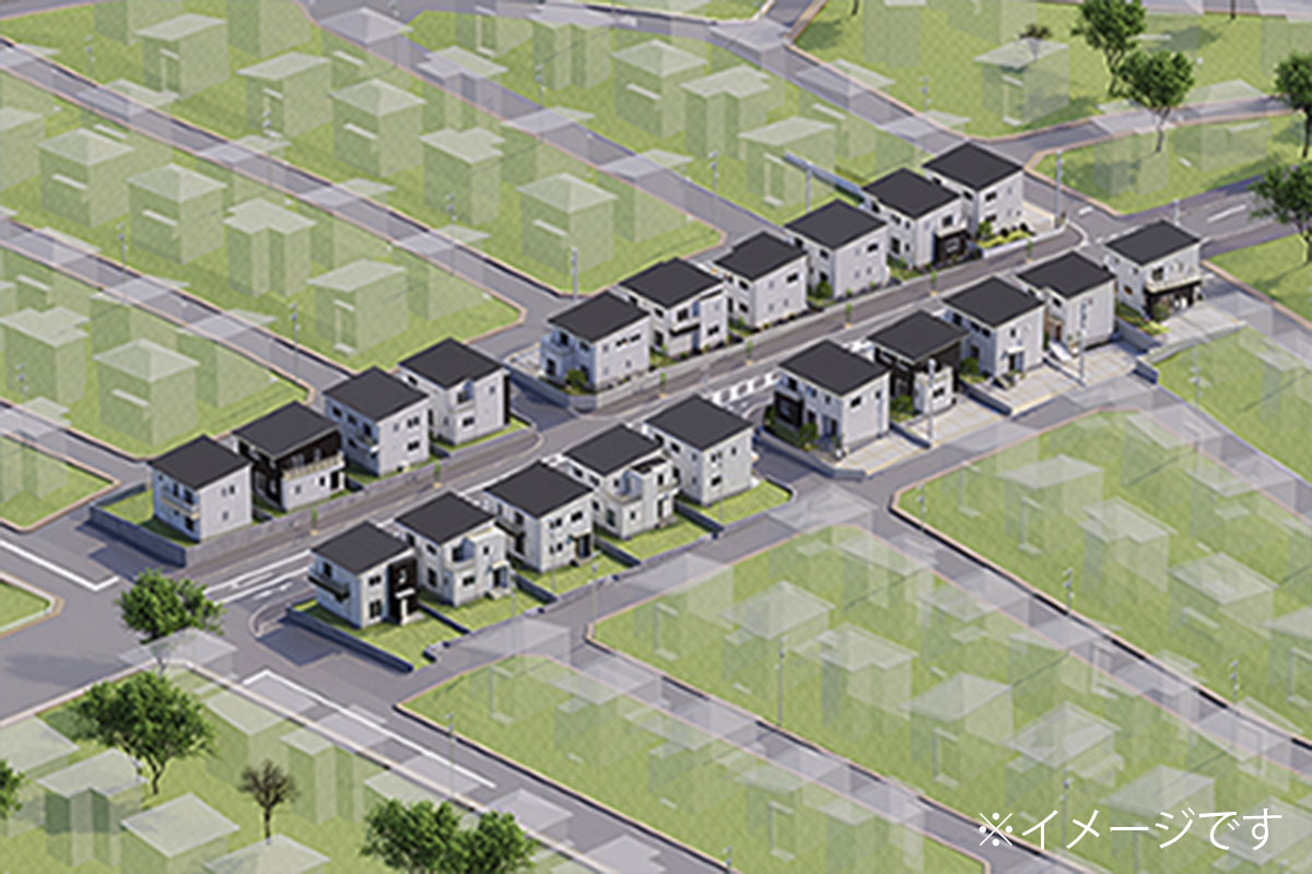 イイコトテラスみどりのの全242区画の中央に位置する分譲住宅は、1つの住宅として毎日の暮らしやすさを考えただけでなく、街並み一体として美しい景観になるよう住まい全体をデザインしています。