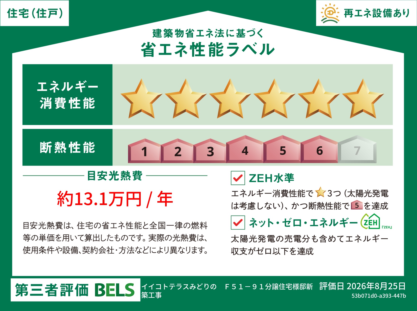 ZEH水準を達成した高気密・高断熱住宅です。小さなエネルギーで冷暖房でき、省エネな暮らしが実現します。