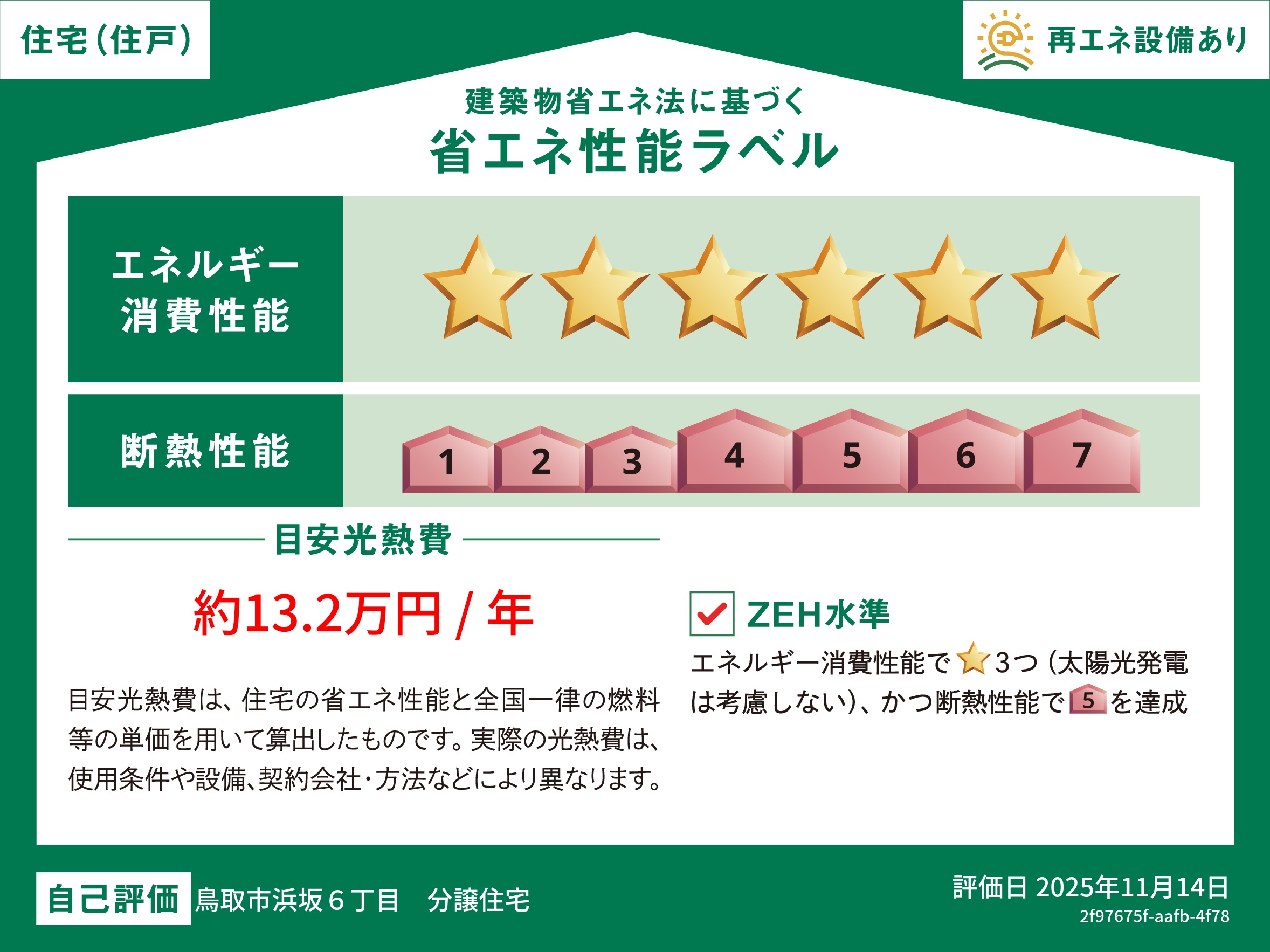 鳥取市浜坂６丁目 モデルハウス 区画番号No.23号地 ZEH水準を達成した高気密・高断熱住宅です。小さなエネルギーで冷暖房でき、省エネな暮らしが実現します。
