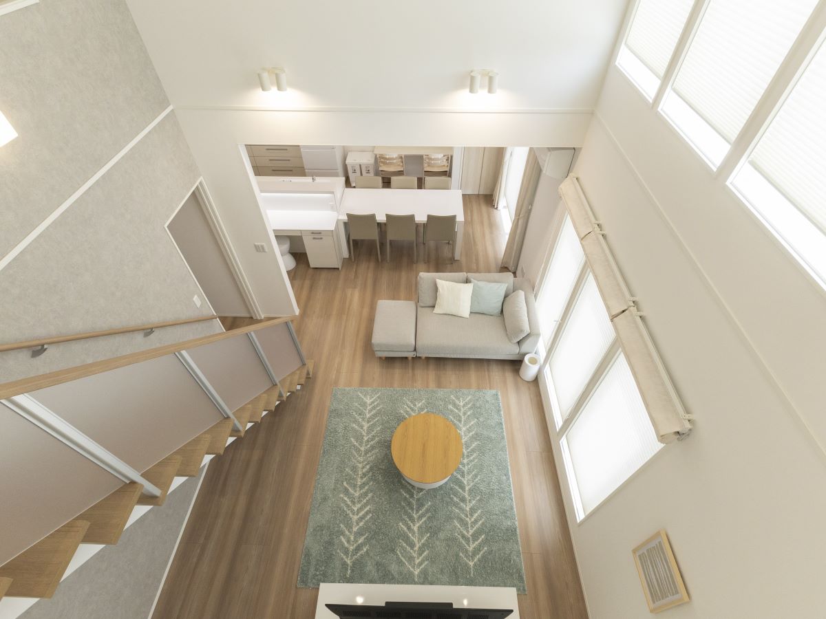 柳町分譲住宅 モデルハウス 区画番号No.1 吹抜2階から見たリビングの様子です！