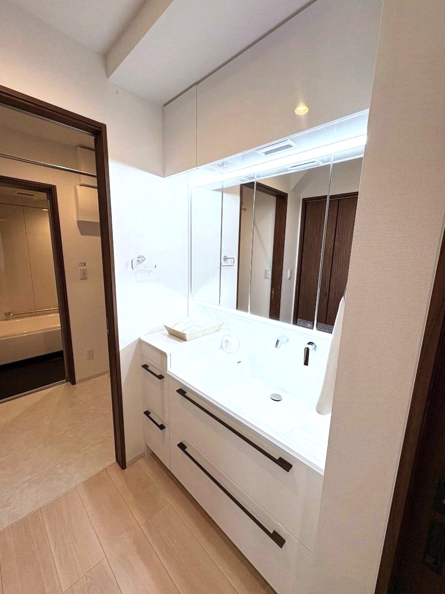 八王子丹木町分譲住宅 モデルハウス 区画番号No.1 洗面は収納力と使い勝手を両立する、多機能三面鏡。使ってみてうれしい機能が満載です。