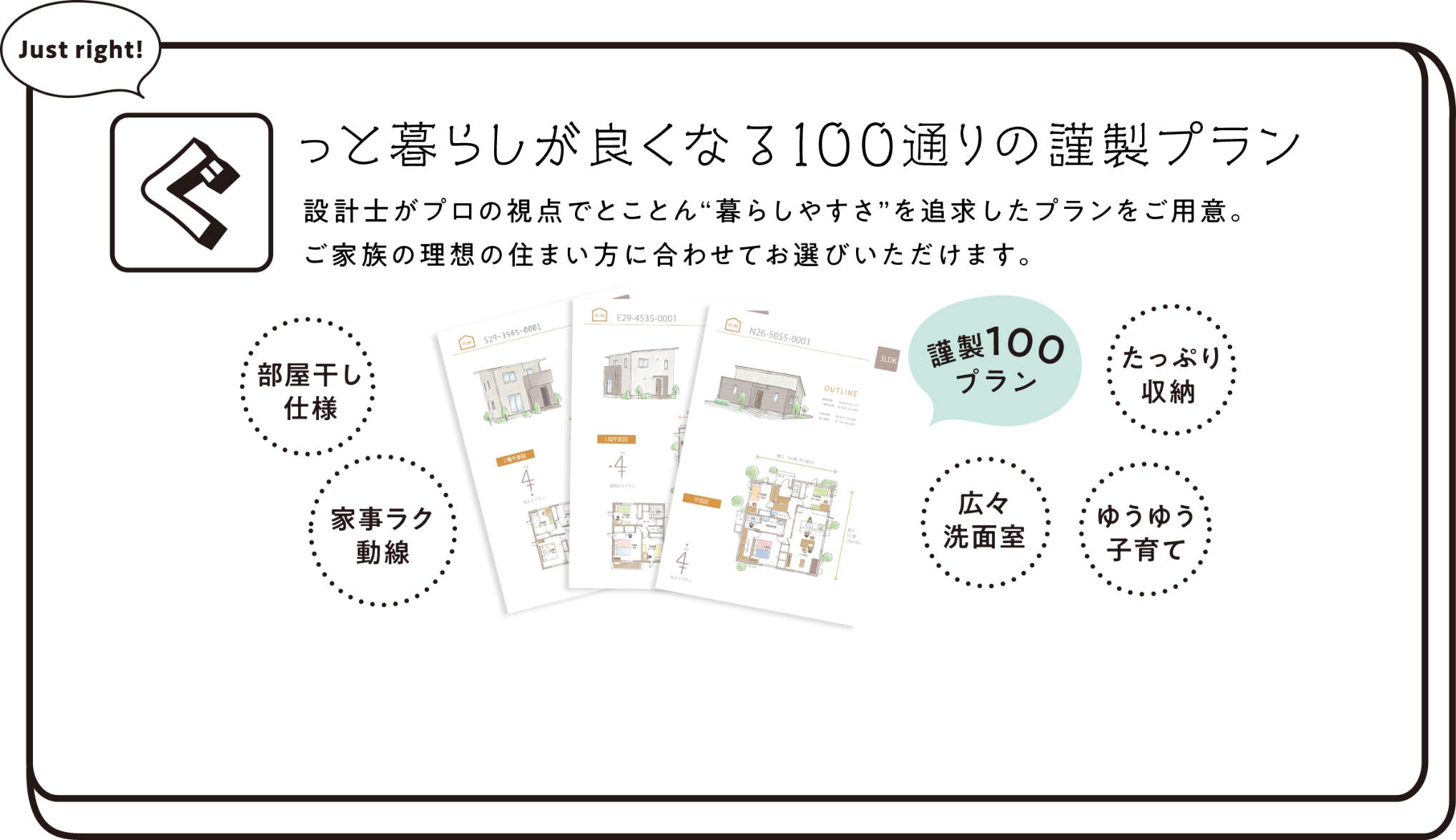 ぐっと暮らしが良くなる100通りの謹製プラン 設計士がプロの視点でとことん”暮らしやすさ”を追求したプランをご用意。ご家族の理想の住まい方に合わせてお選びいただけます。