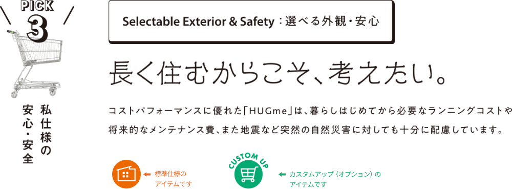 Selectable Exterior＆Safety:選べる外観・安心 長く住むからこそ、考えたい。コストパフォーマンスに優れた「HUGme」は、暮らしはじめてから必要なランニングコストや将来的なメンテナンス費、または地震など突然の自然災害に対しても十分に配慮しています。