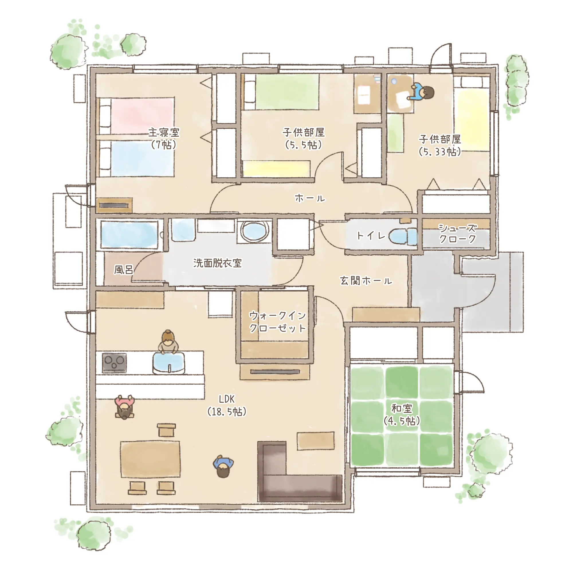 一条のハグミーE30-6055-0001の1階平面図|東西4LDKでウォークインクローゼット・シューズクローク・和室・耐水害仕様 変更可能プランのプラン間取り