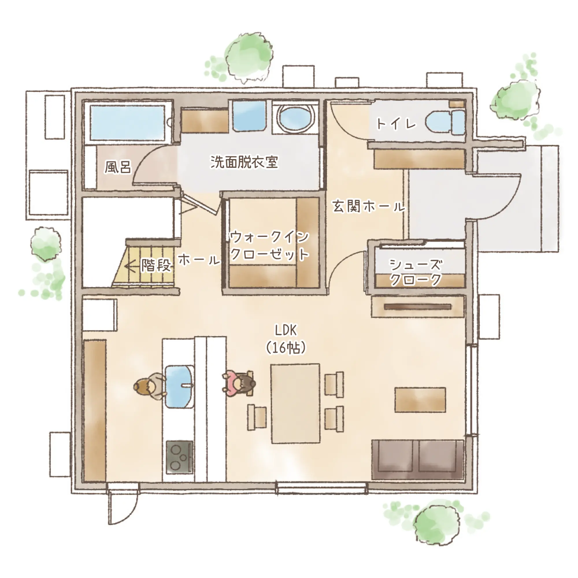 一条のハグミーE32-4040-0001の1階平面図|東西3LDKでリビング階段・ウォークインクローゼット・シューズクローク・耐水害仕様 変更可能プランのプラン間取り