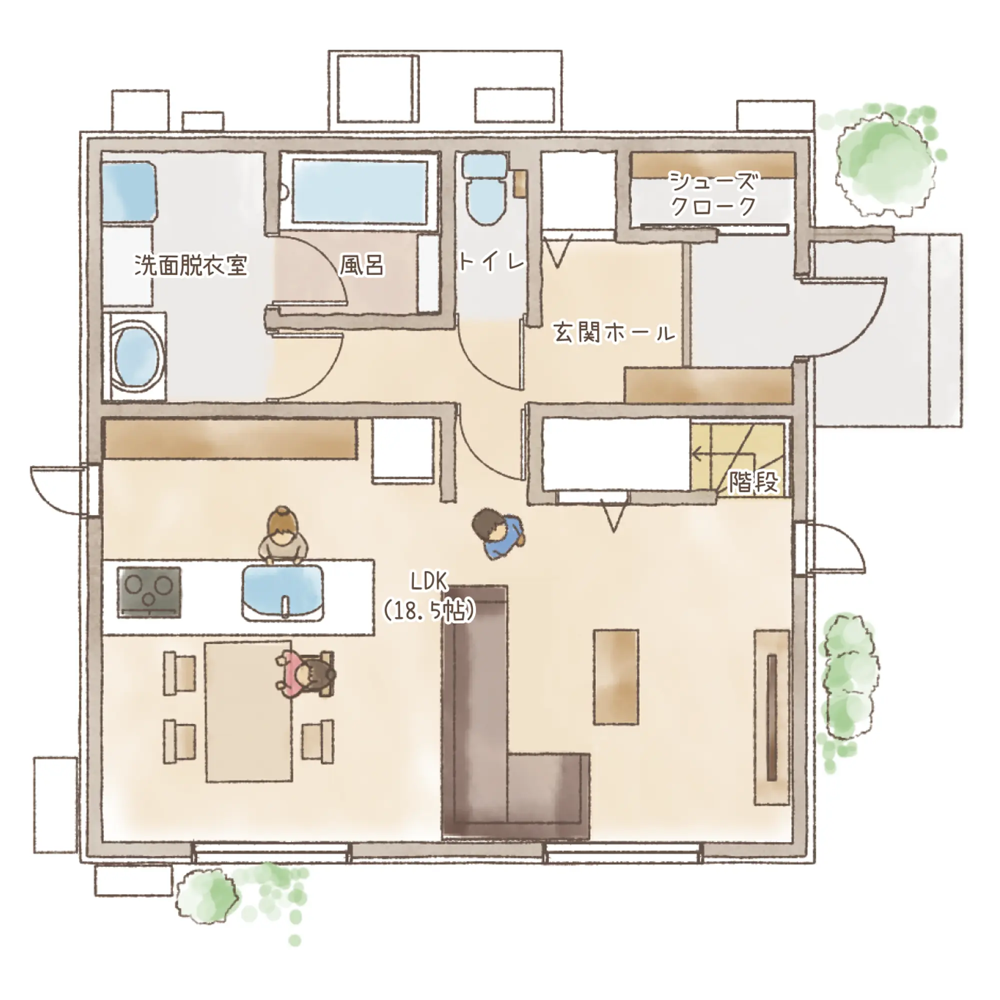 一条のハグミーE32-4040-0003の1階平面図|東西3LDKでリビング階段・ウォークインクローゼット・シューズクローク・耐水害仕様 変更可能プランのプラン間取り