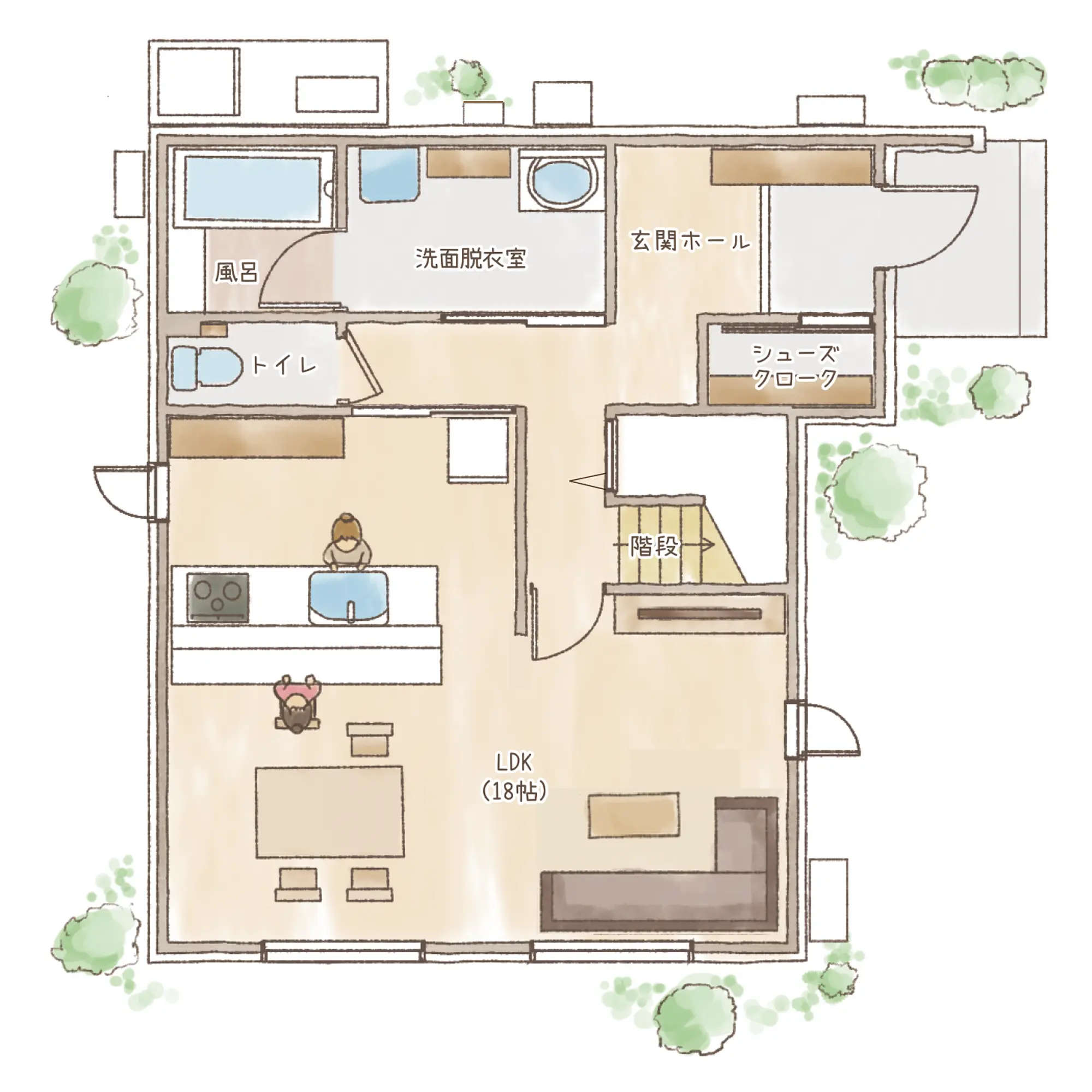 一条のハグミーE32-4540-0001の1階平面図|東西3LDKで吹き抜け・ウォークインクローゼット・シューズクローク・耐水害仕様 変更可能プランのプラン間取り