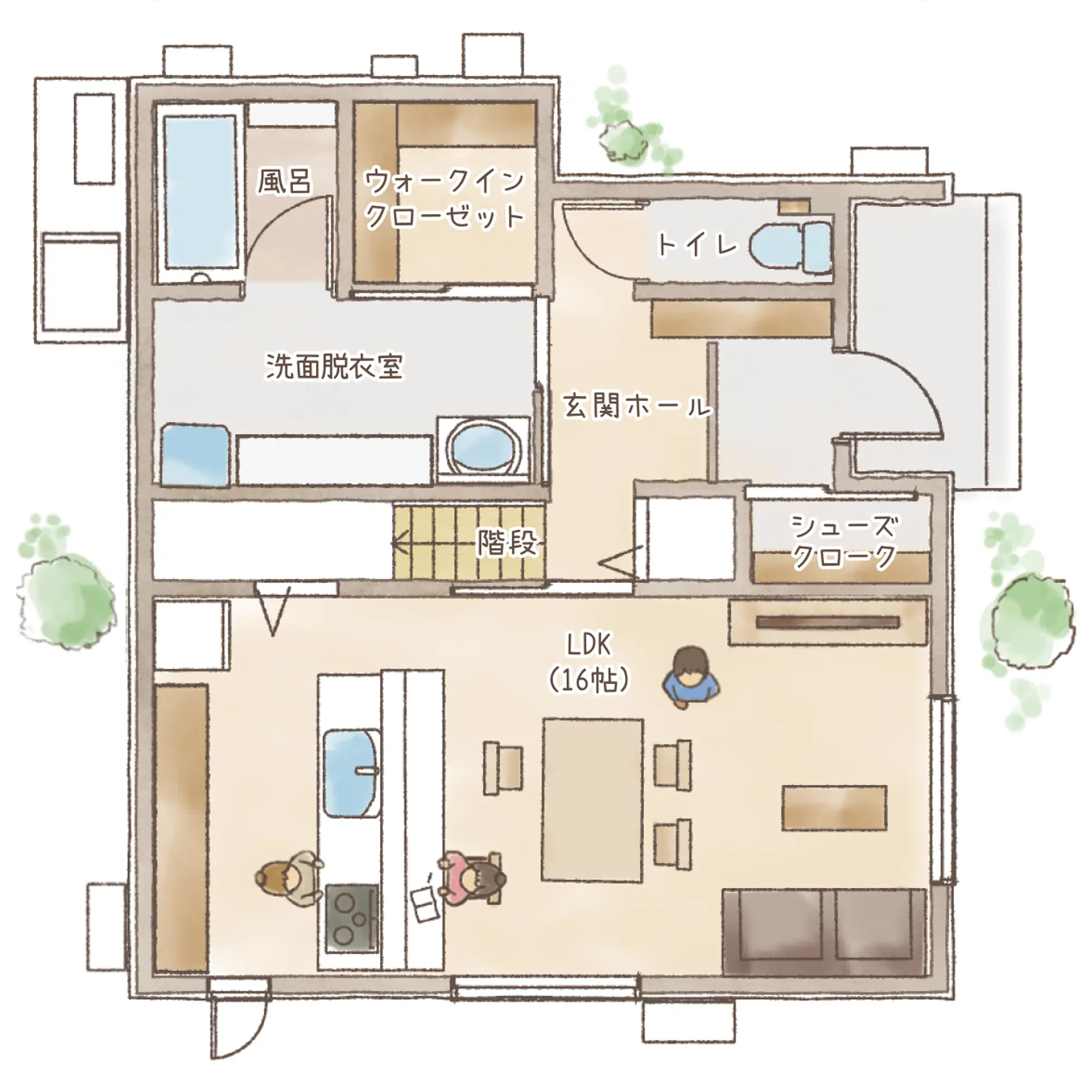 一条のハグミーE32-4540-0002の1階平面図|東西3LDKで吹き抜け・ウォークインクローゼット・シューズクロークのプラン間取り