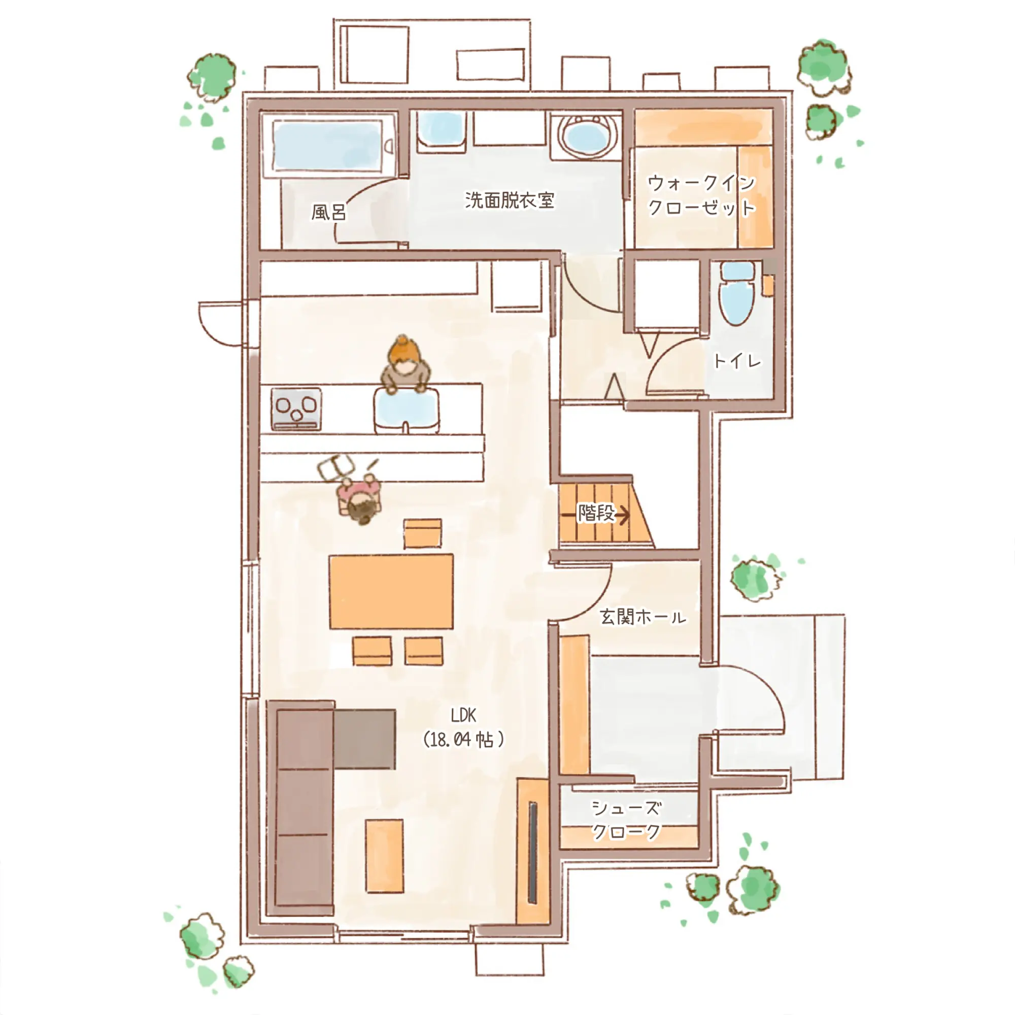 一条のハグミーE33-5535-0001の1階平面図|東西3LDKでリビング階段・ウォークインクローゼット・シューズクローク・耐水害仕様 変更可能プランのプラン間取り