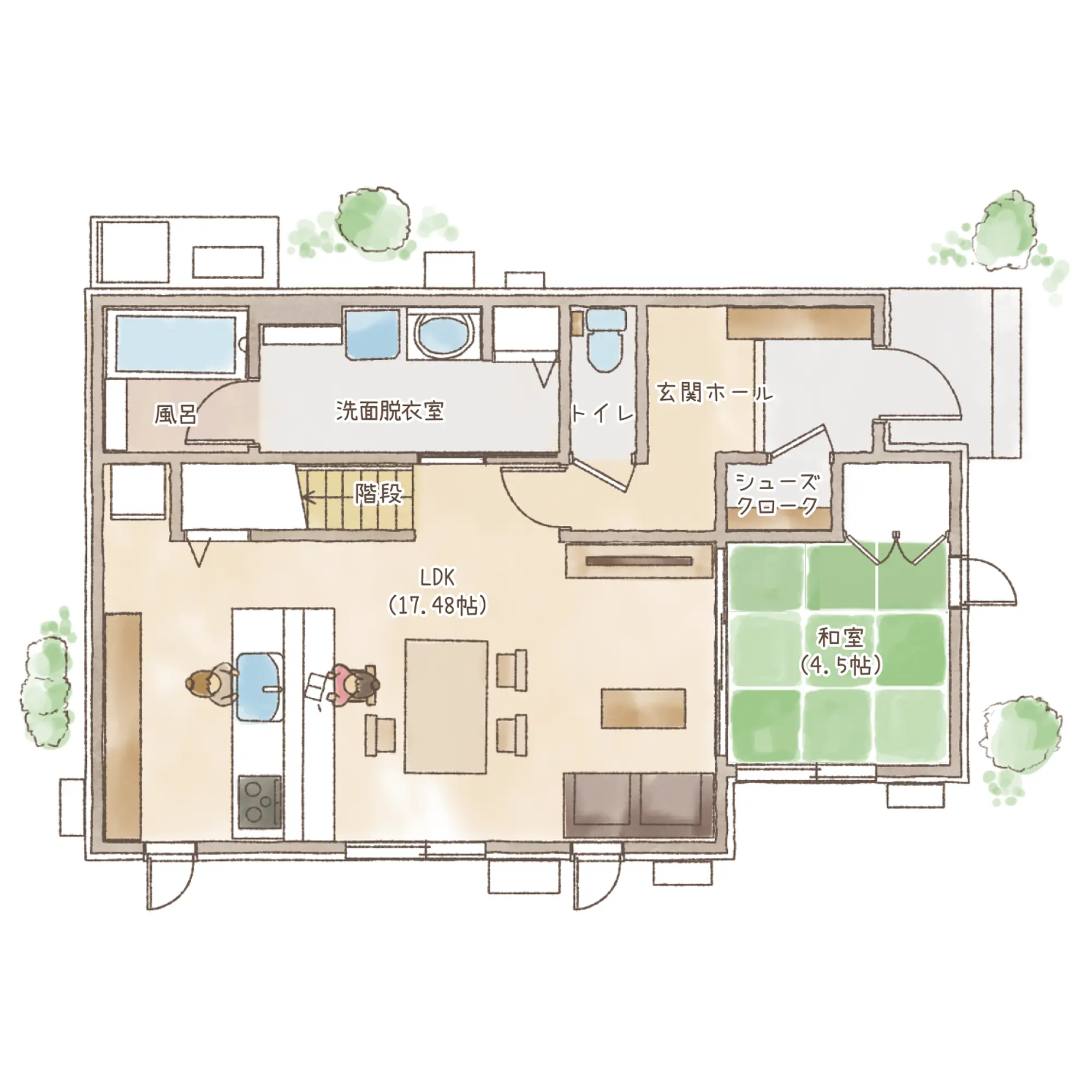 一条のハグミーE34-3555-0005の1階平面図|東西4LDKでリビング階段・シューズクローク・和室のプラン間取り