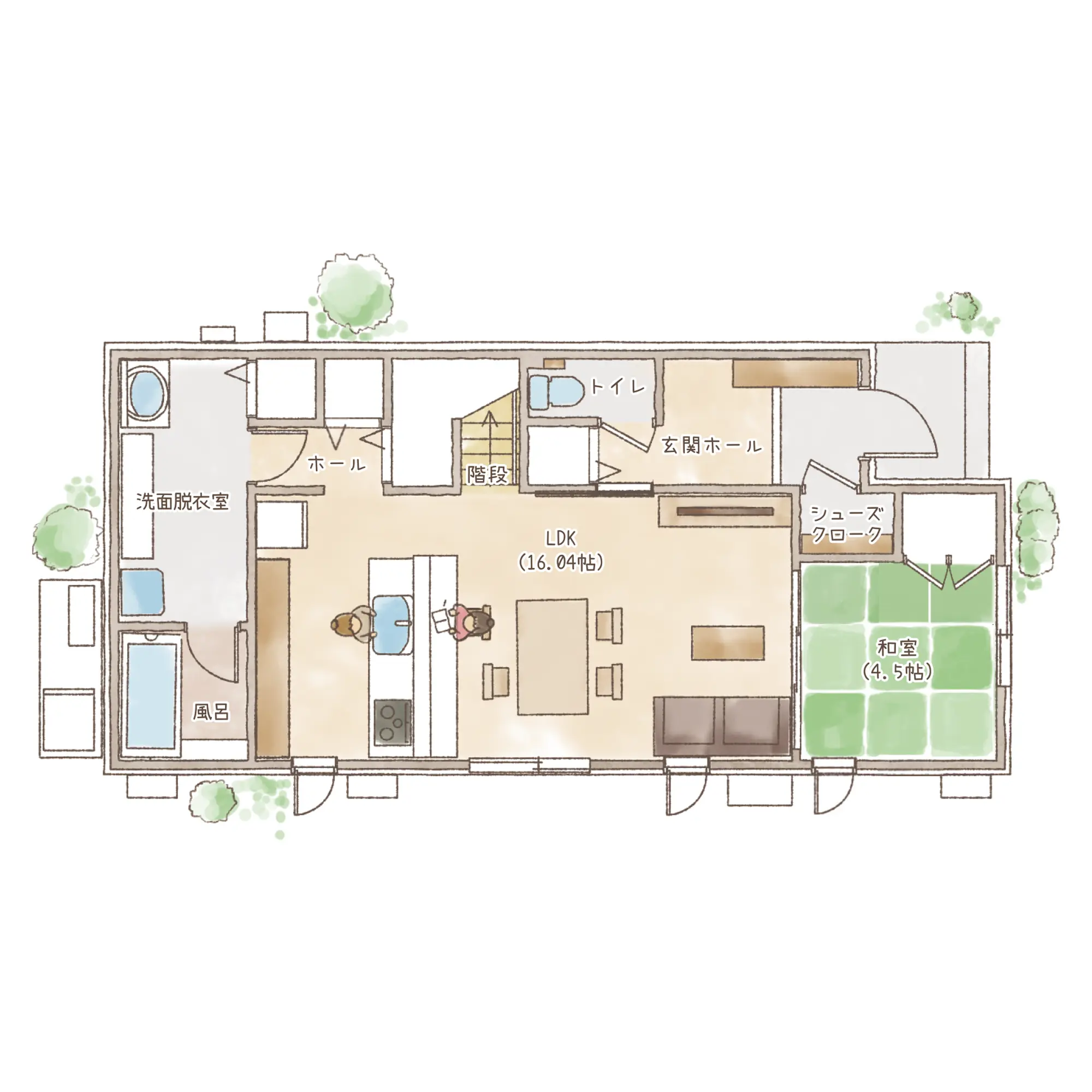 一条のハグミーE36-3065-0001の1階平面図|東西4LDKでリビング階段・ウォークインクローゼット・シューズクローク・和室のプラン間取り