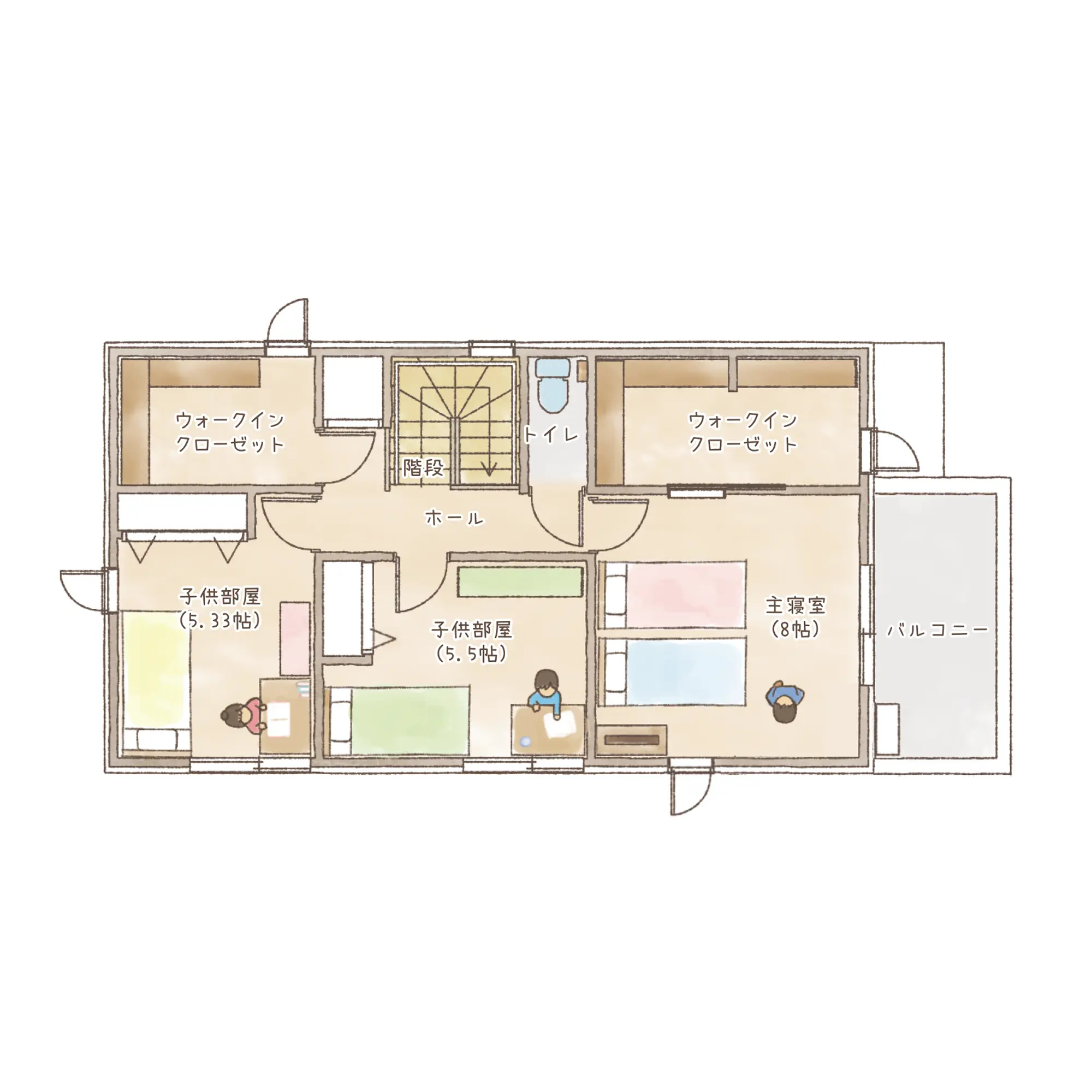 一条のハグミーE36-3065-0001の2階平面図|東西4LDKでリビング階段・ウォークインクローゼット・シューズクローク・和室のプラン間取り