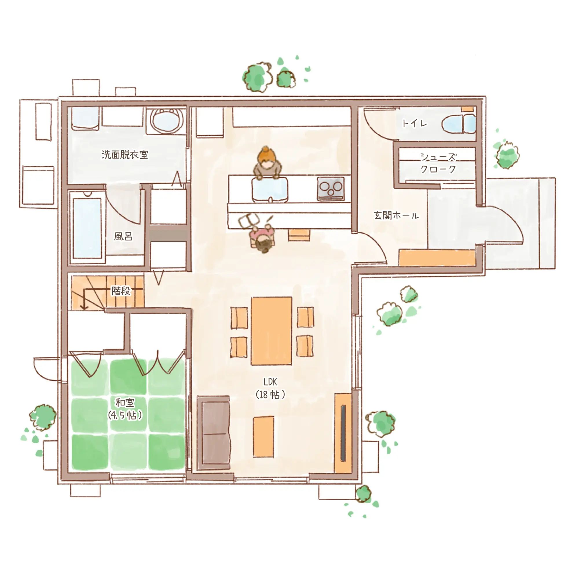 一条のハグミーE36-4550-0001の1階平面図|東西4LDKでリビング階段・ウォークインクローゼット・シューズクローク・和室・耐水害仕様 変更可能プランのプラン間取り