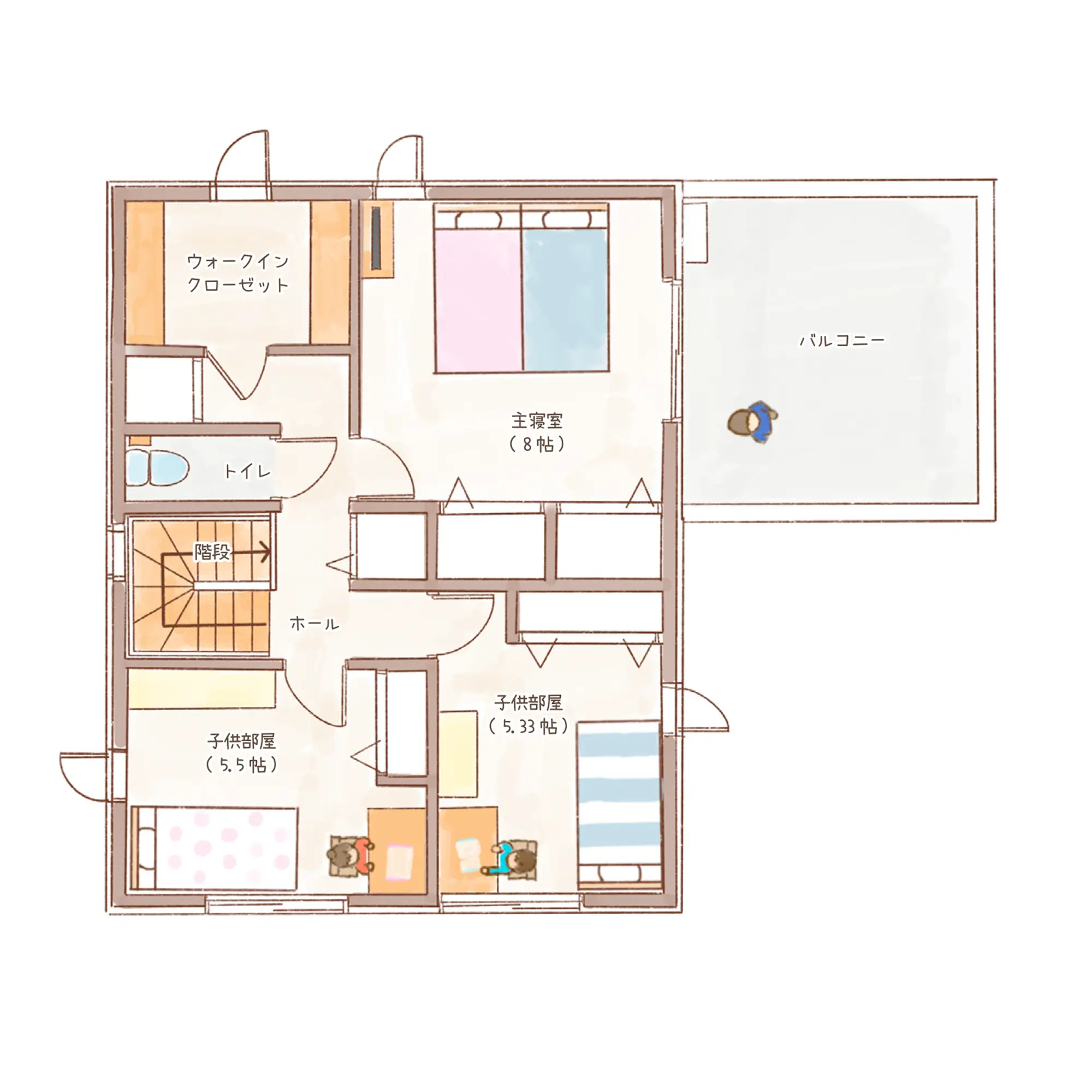 一条のハグミーE36-4550-0001の2階平面図|東西4LDKでリビング階段・ウォークインクローゼット・シューズクローク・和室・耐水害仕様 変更可能プランのプラン間取り
