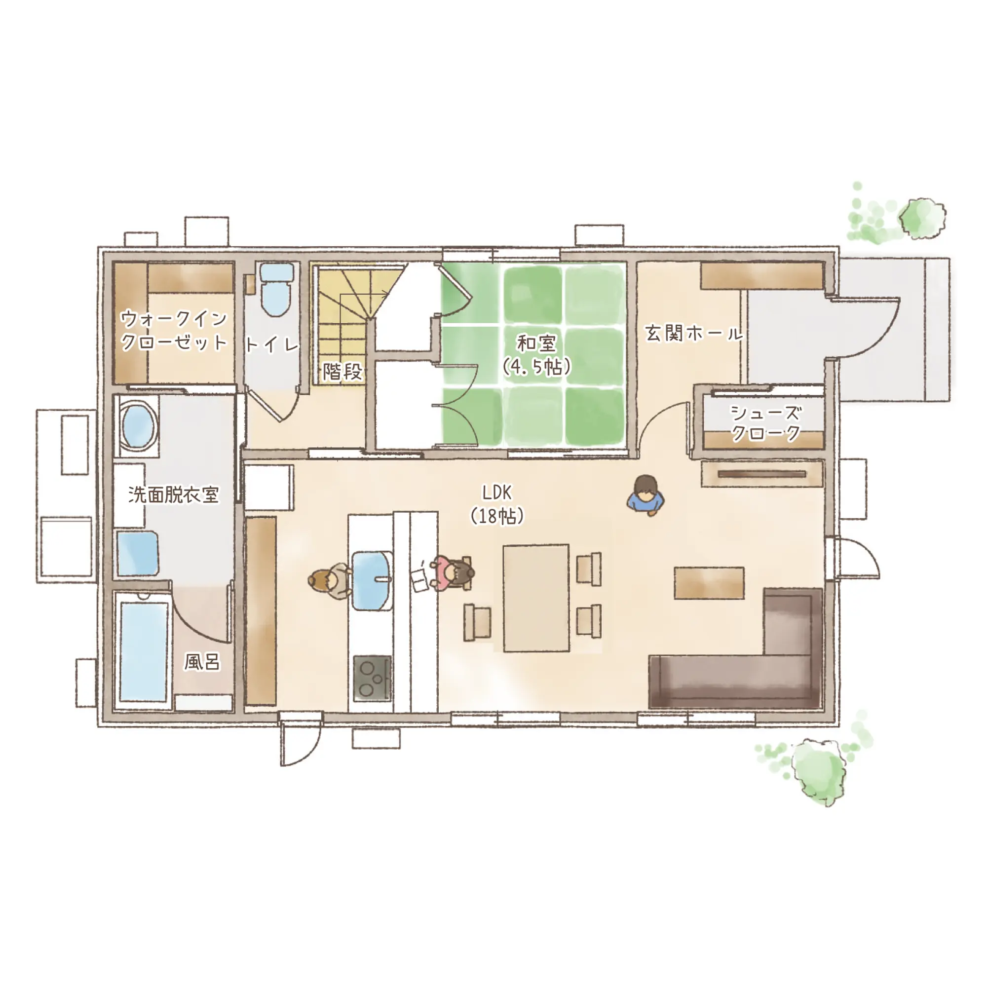 一条のハグミーE37-3555-0001の1階平面図|東西4LDKで吹き抜け・リビング階段・ウォークインクローゼット・シューズクローク・和室のプラン間取り
