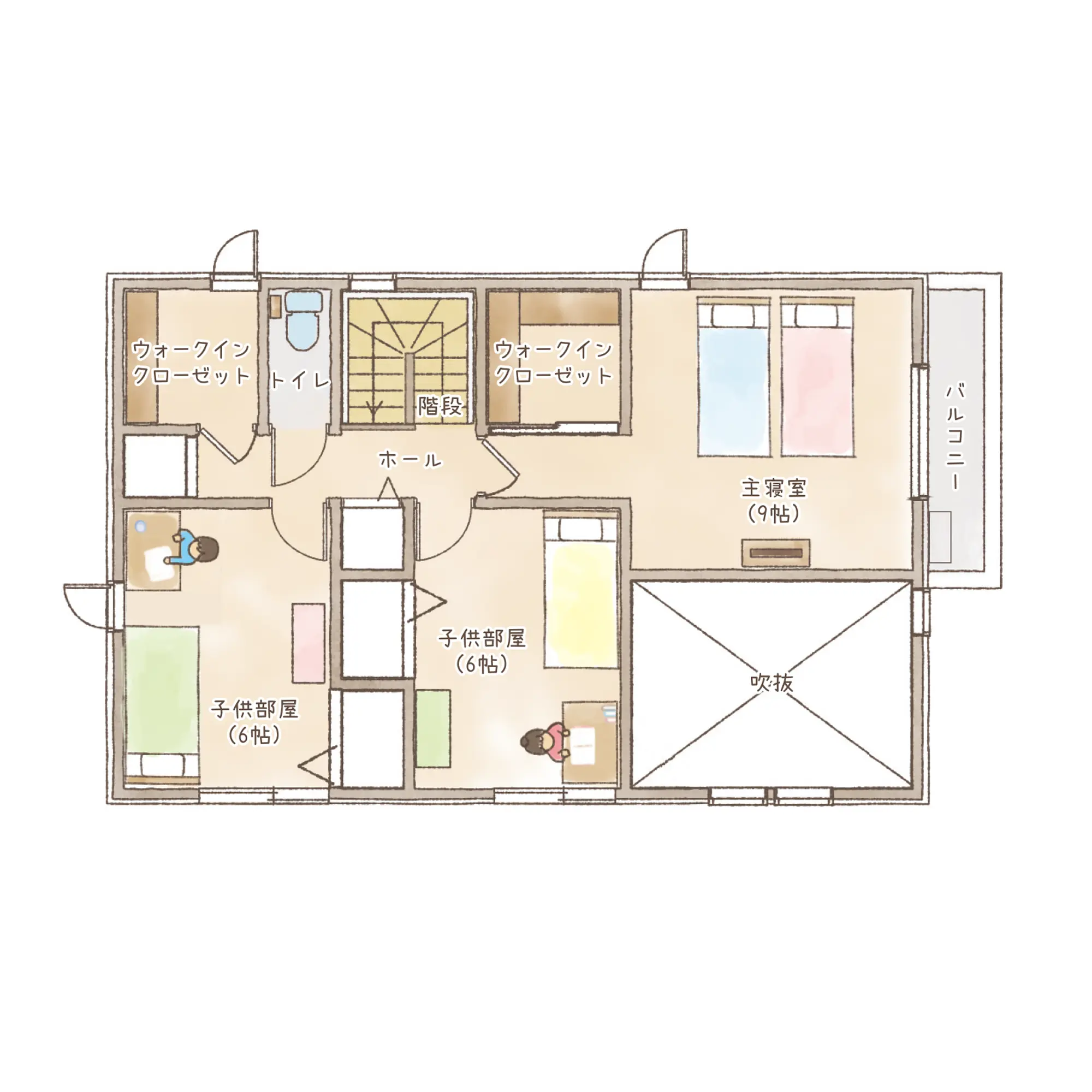 一条のハグミーE37-3555-0001の2階平面図|東西4LDKで吹き抜け・リビング階段・ウォークインクローゼット・シューズクローク・和室のプラン間取り