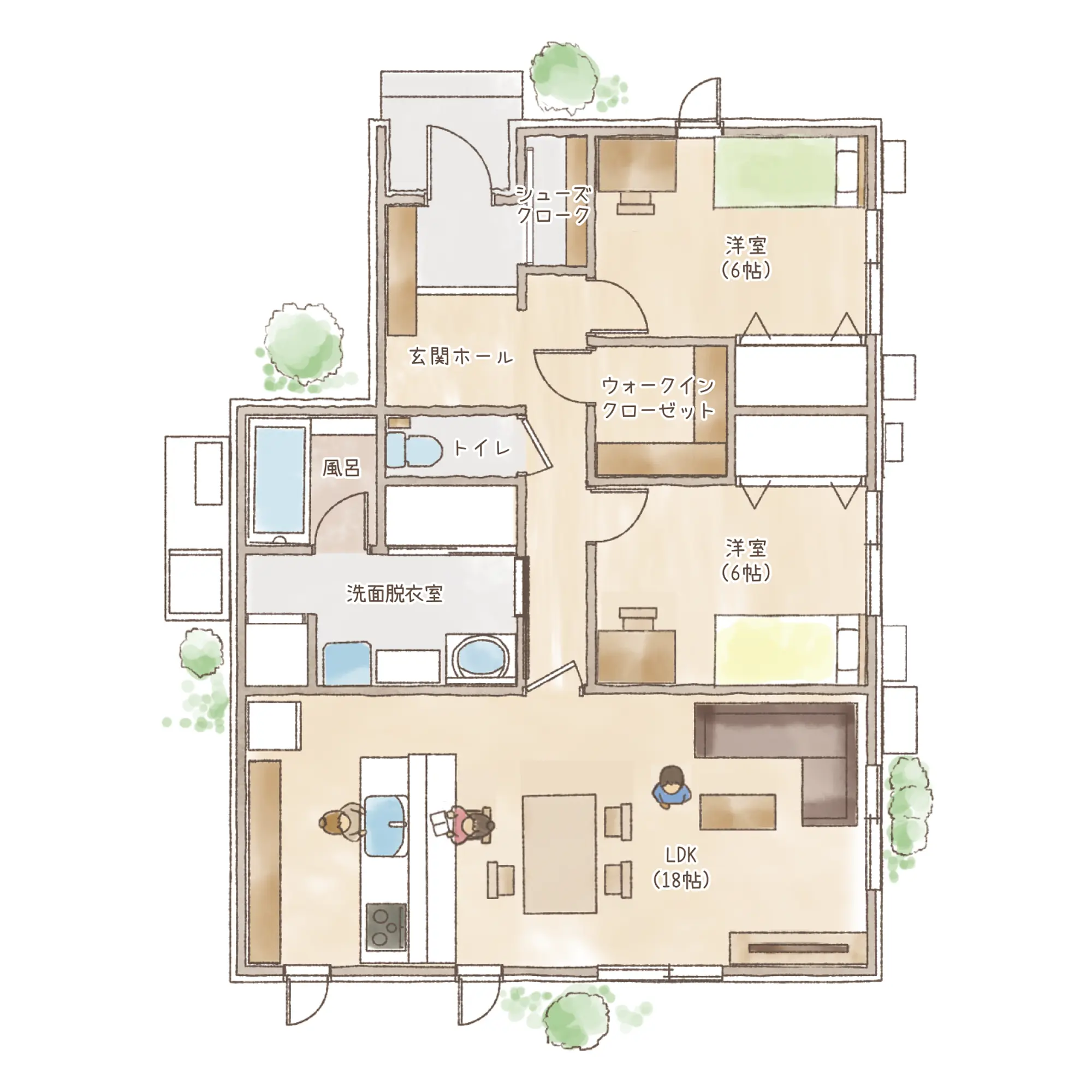 一条のハグミーN25-4560-0002の1階平面図|北2LDKでウォークインクローゼット・シューズクローク・耐水害仕様 変更可能プランのプラン間取り