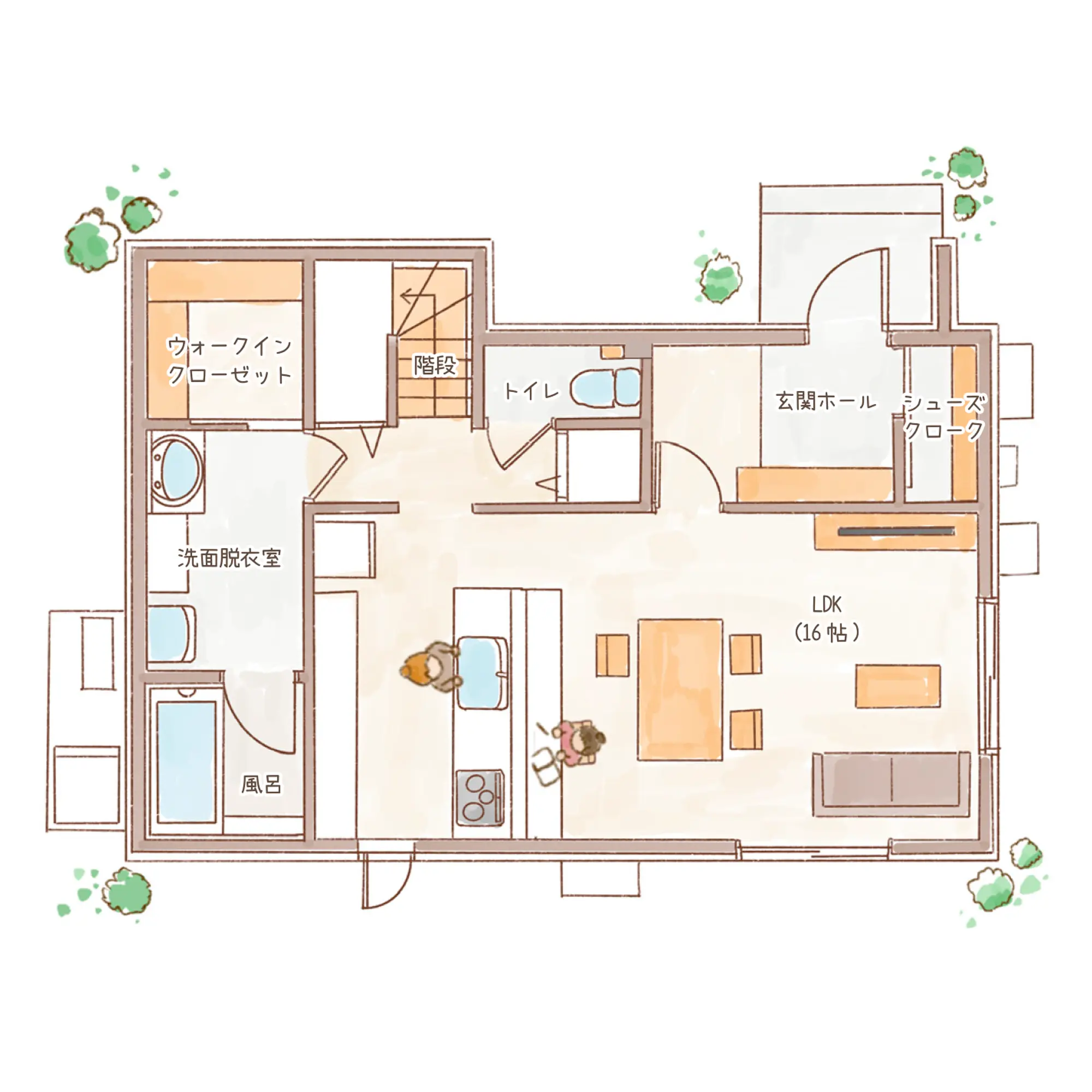 一条のハグミーN31-5035-0002の1階平面図|北3LDKで吹き抜け・リビング階段・ウォークインクローゼット・シューズクローク・耐水害仕様 変更可能プランのプラン間取り