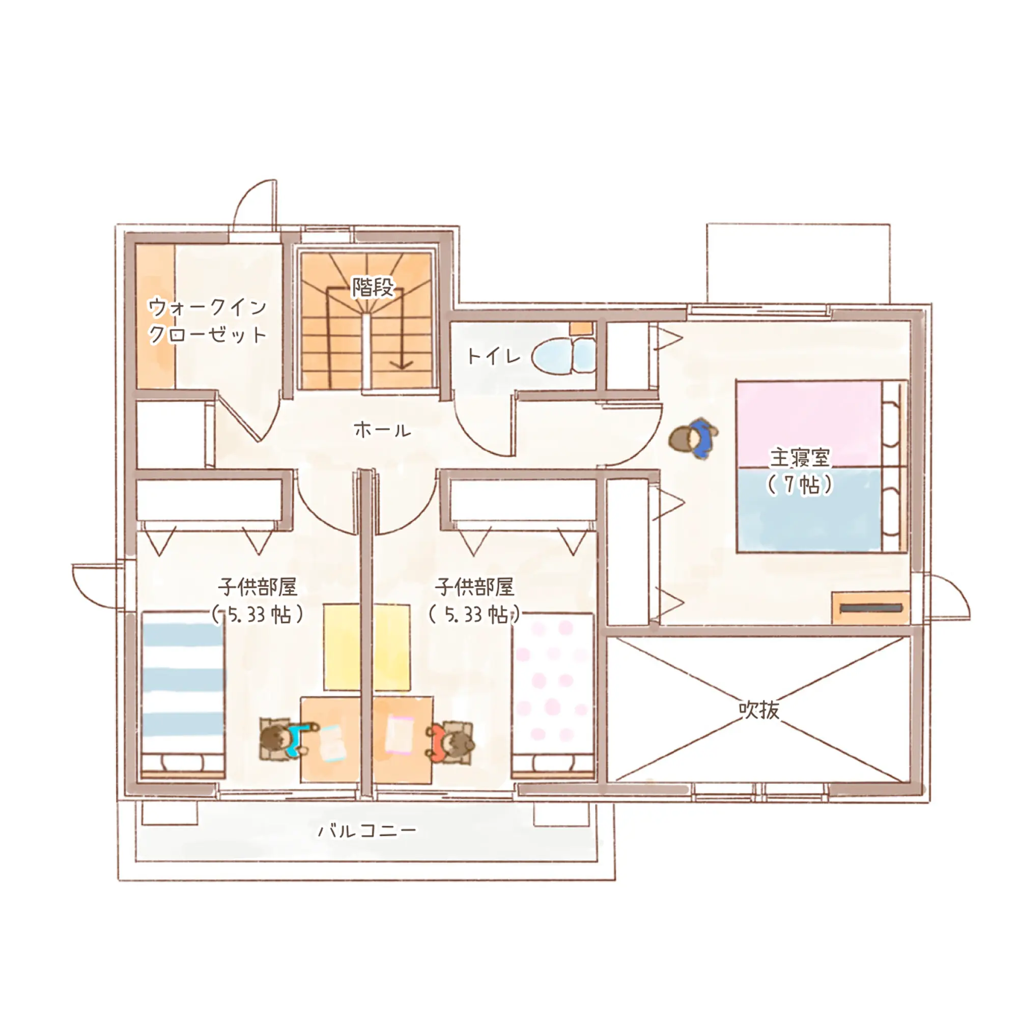 一条のハグミーN31-5035-0002の2階平面図|北3LDKで吹き抜け・リビング階段・ウォークインクローゼット・シューズクローク・耐水害仕様 変更可能プランのプラン間取り