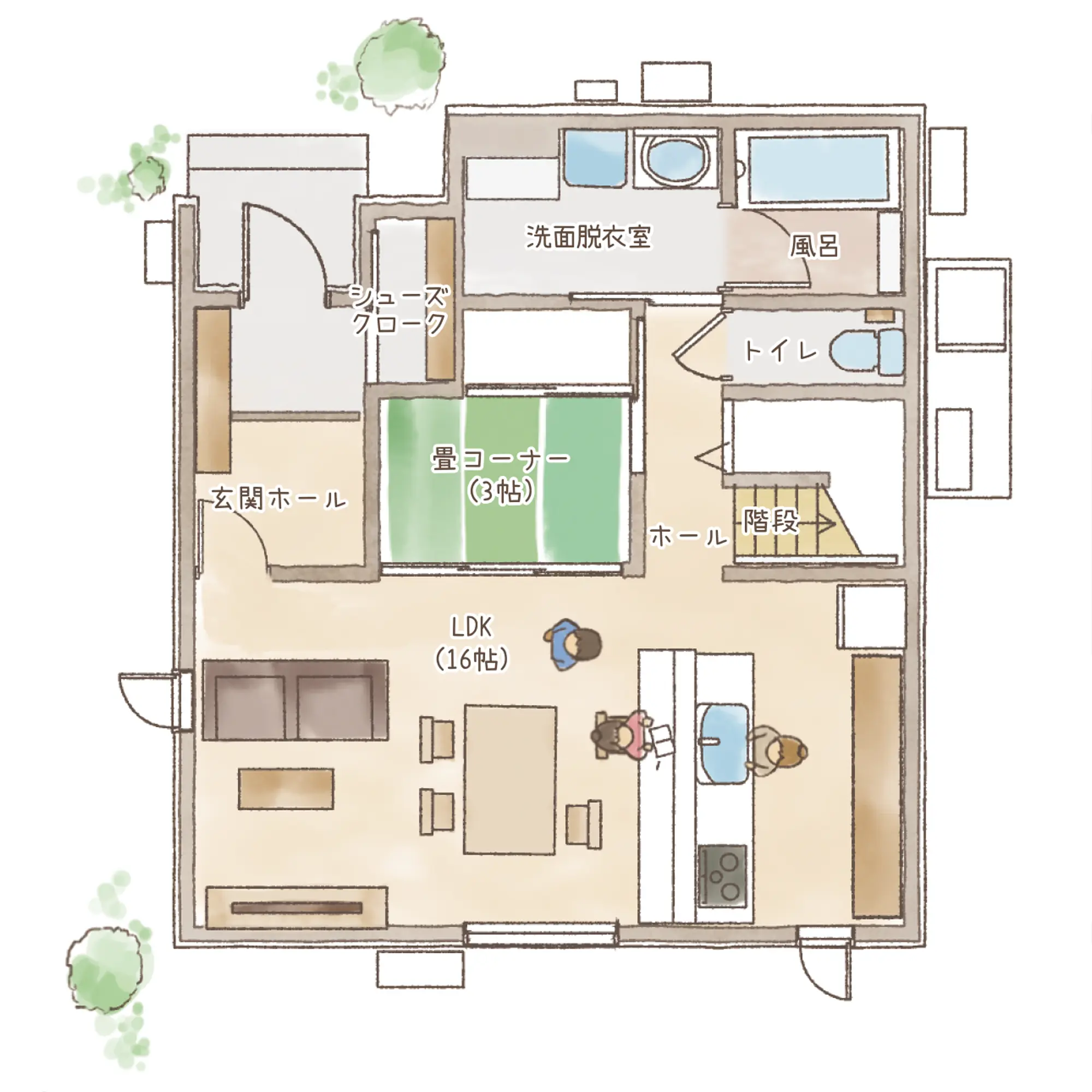 一条のハグミーN33-4045-0003の1階平面図|北4LDKで吹き抜け・リビング階段・シューズクローク・和室のプラン間取り