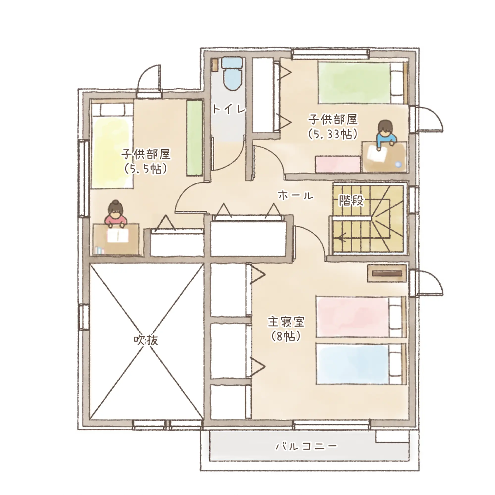 一条のハグミーN33-4045-0003の2階平面図|北4LDKで吹き抜け・リビング階段・シューズクローク・和室のプラン間取り