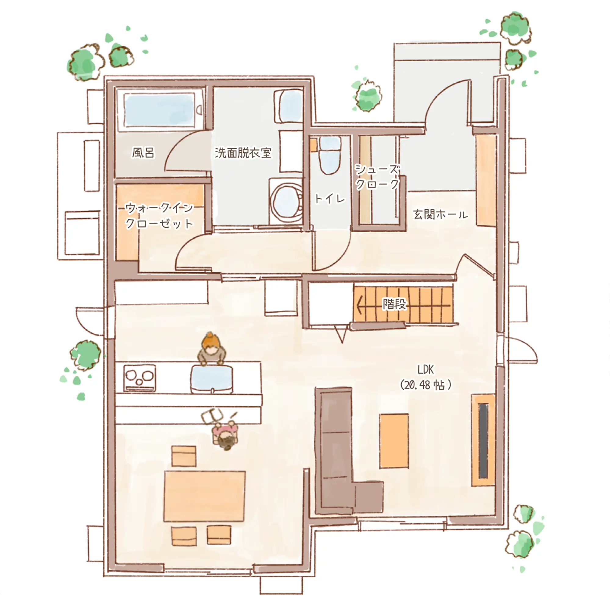 一条のハグミーN33-4050-0002の1階平面図|北3LDKで吹き抜け・リビング階段・ウォークインクローゼット・シューズクローク・耐水害仕様 変更可能プランのプラン間取り