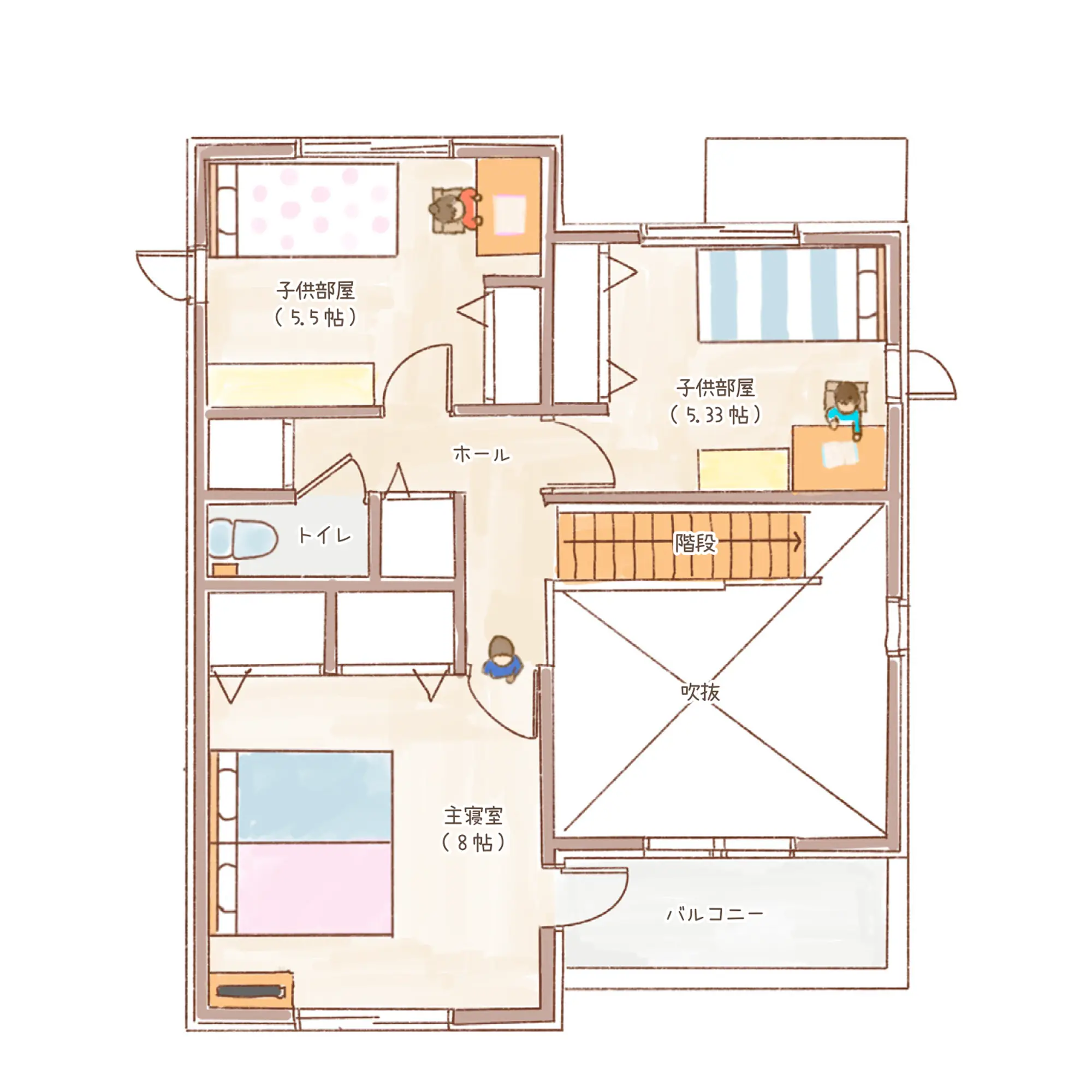 一条のハグミーN33-4050-0002の2階平面図|北3LDKで吹き抜け・リビング階段・ウォークインクローゼット・シューズクローク・耐水害仕様 変更可能プランのプラン間取り