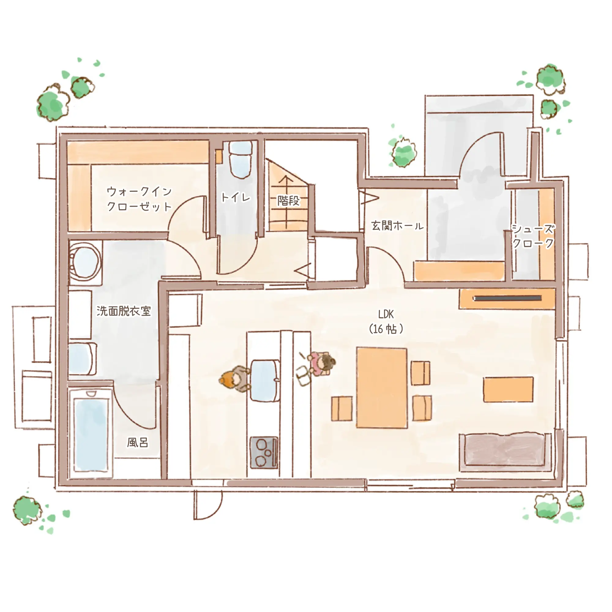 一条のハグミーN33-5035-0005の1階平面図|北3LDKでリビング階段・ウォークインクローゼット・シューズクローク・耐水害仕様 変更可能プランのプラン間取り