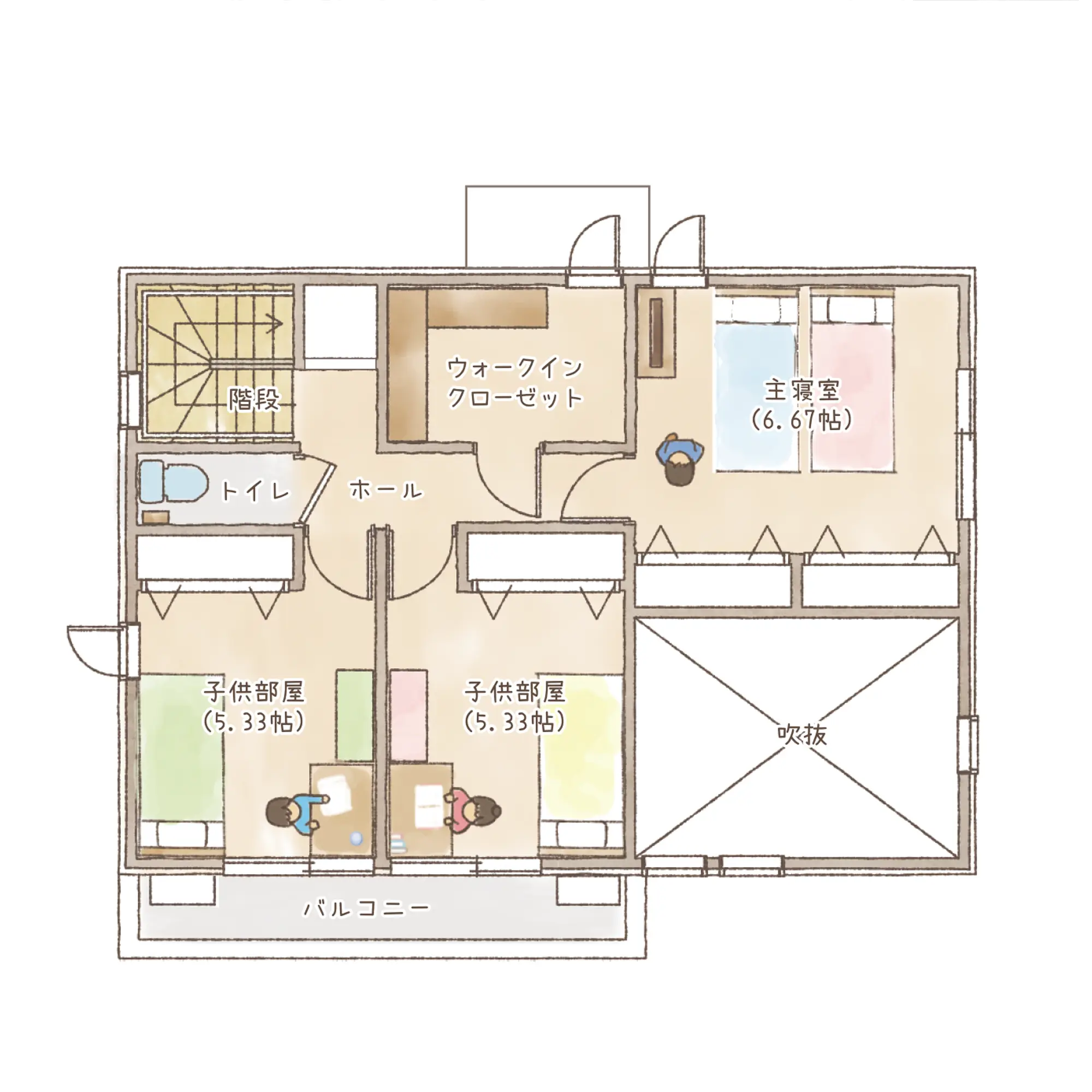 一条のハグミーN34-5035-0001の2階平面図|北4LDKで吹き抜け・ウォークインクローゼット・シューズクローク・和室・耐水害仕様 変更可能プランのプラン間取り