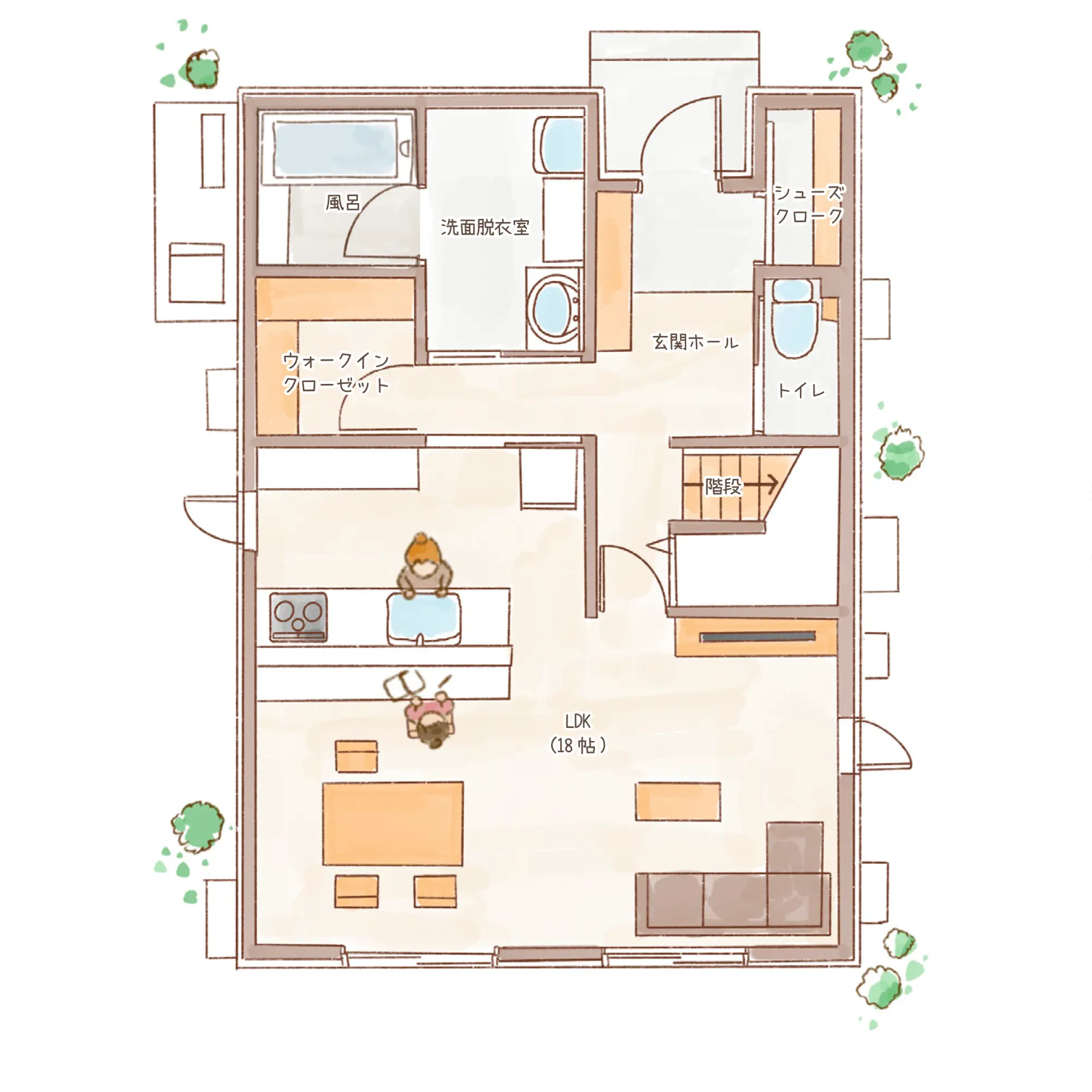 一条のハグミーN35-3550-0001の1階平面図|北4LDKでウォークインクローゼット・シューズクローク・耐水害仕様 変更可能プランのプラン間取り