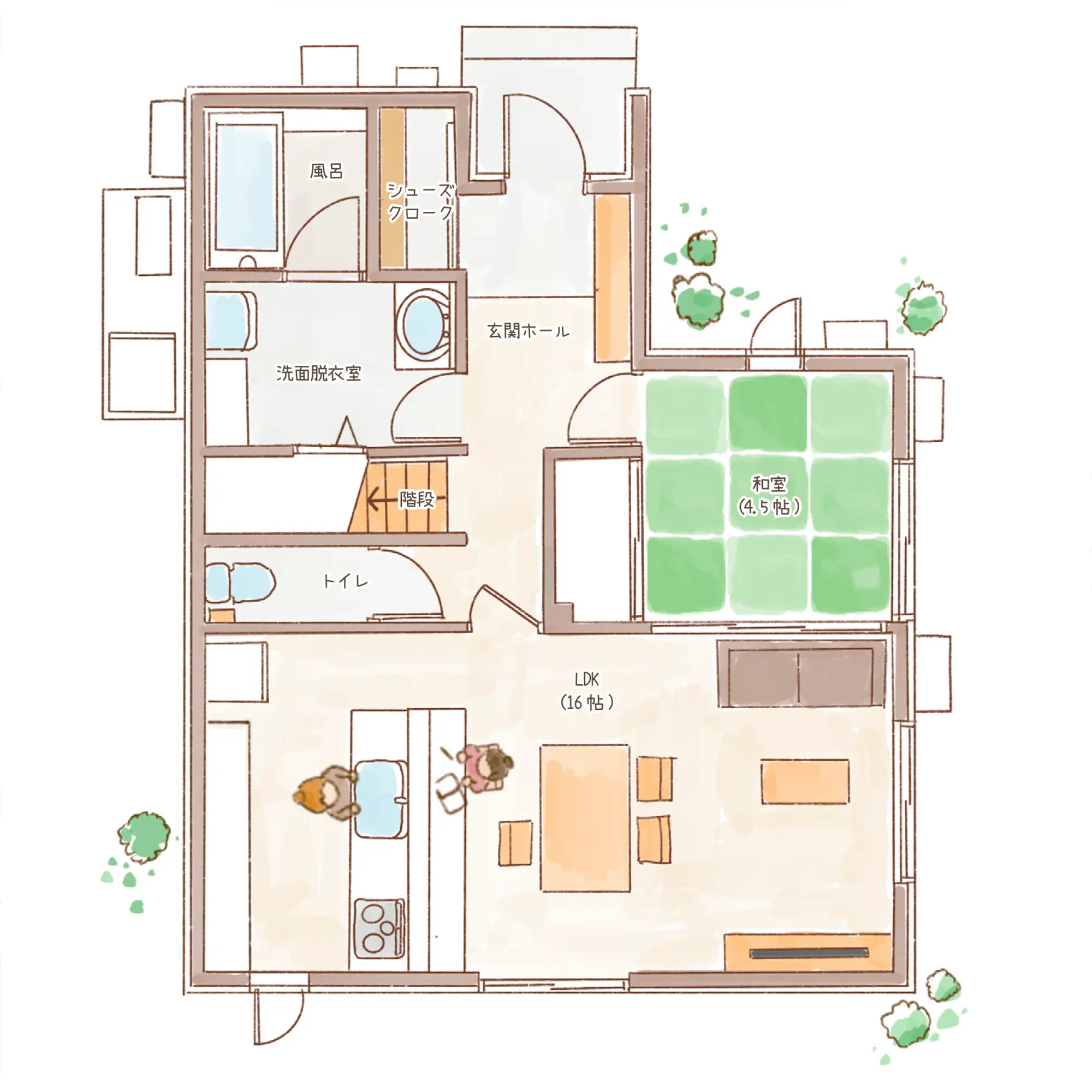 一条のハグミーN35-4050-0006の1階平面図|北4LDKで吹き抜け・ウォークインクローゼット・シューズクローク・和室のプラン間取り